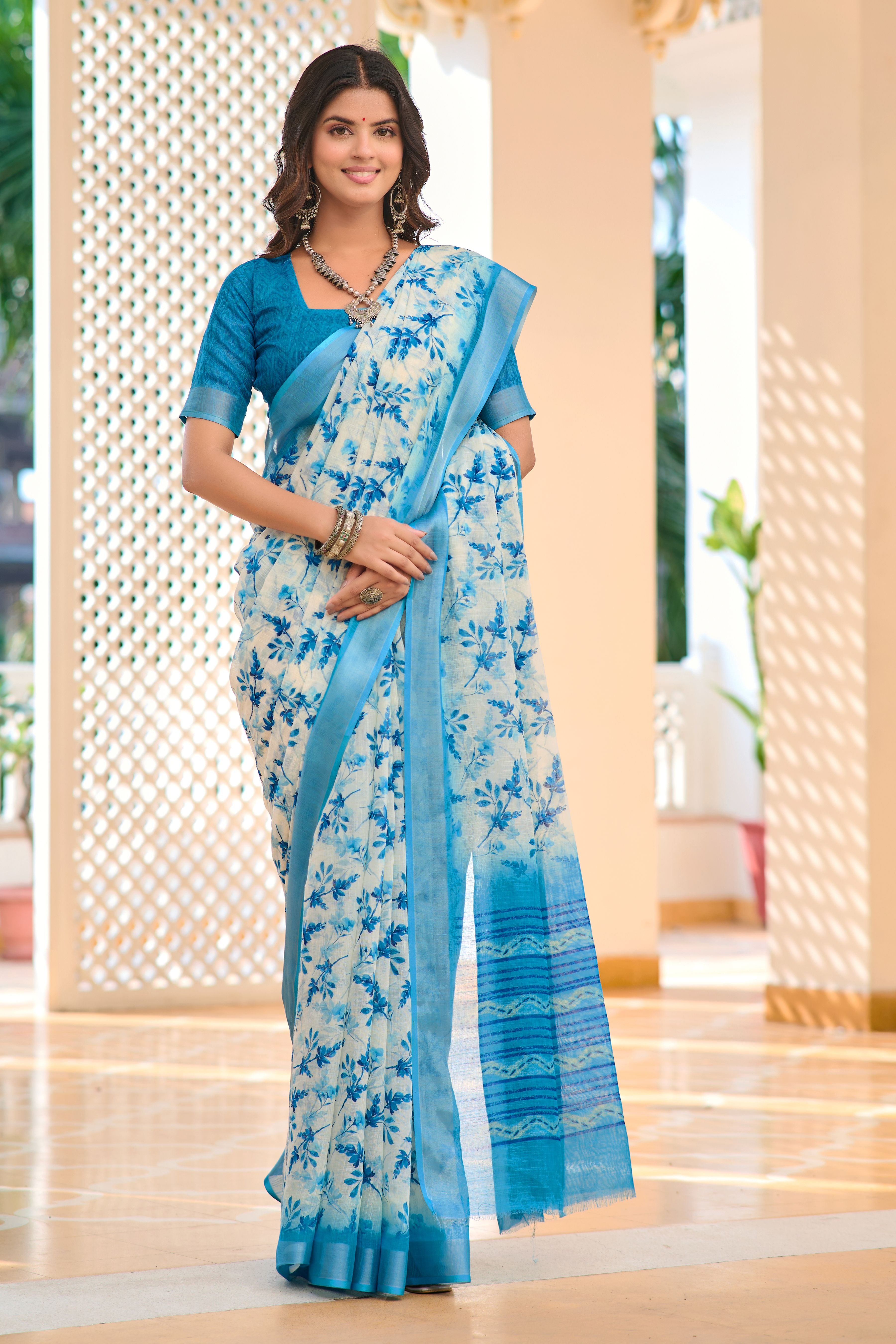 Teal Blue Beautiful Linen Cotton Designer Festive Wear Saree
