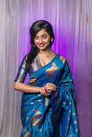 Teal Blue Beautiful Woven Jari Nandi Designer Moonga Silk Saree