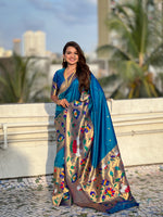 Teal Blue Beautiful Woven Meenakari Polka Designer Paithani Silk Ethnic Graceful Saree