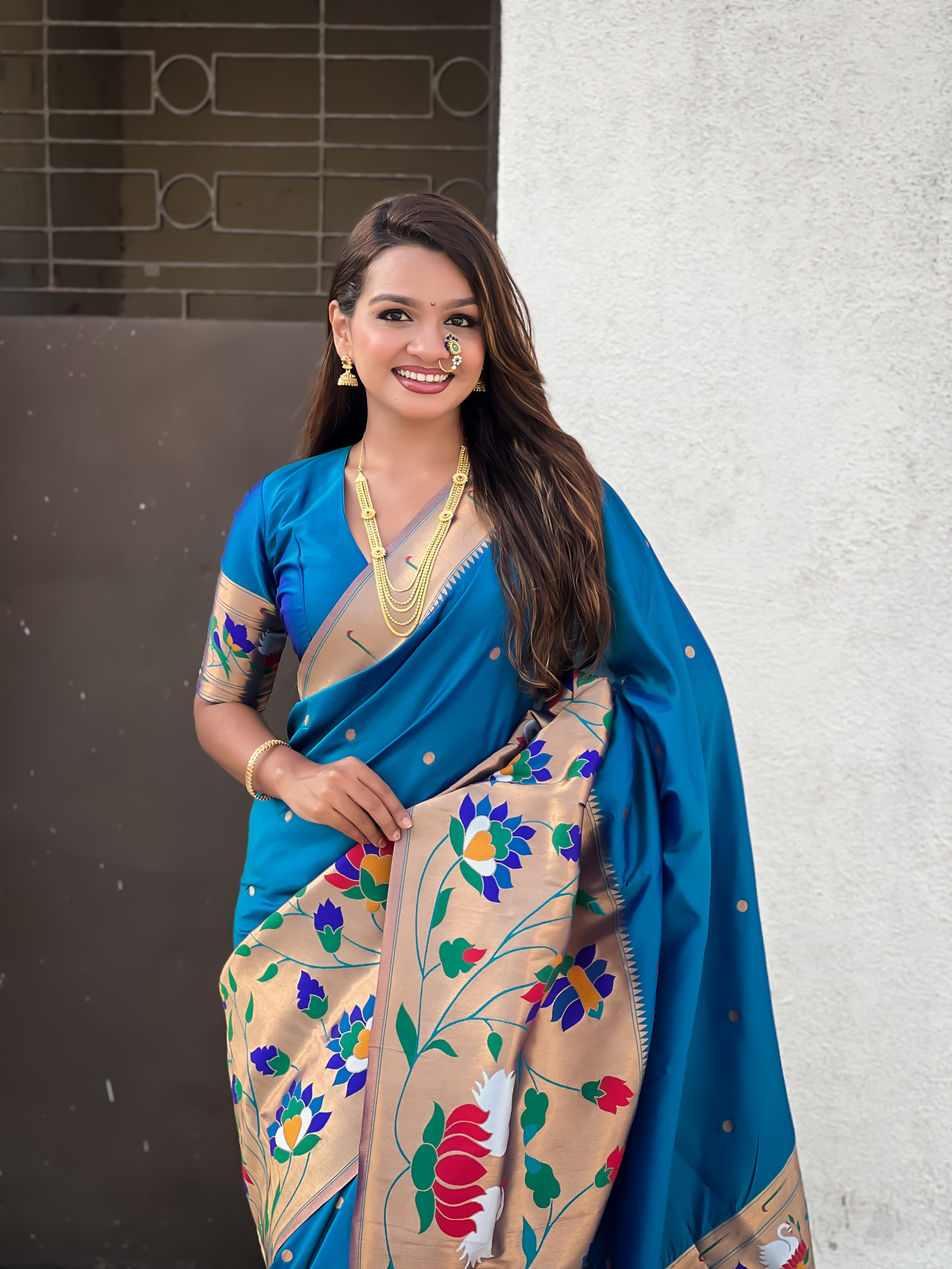 Teal Blue Beautiful Woven Meenakari Polka Designer Paithani Silk Ethnic Graceful Saree