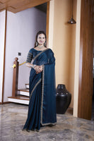 Teal Blue Chiffon Designer Embroidered Ceremonial Saree