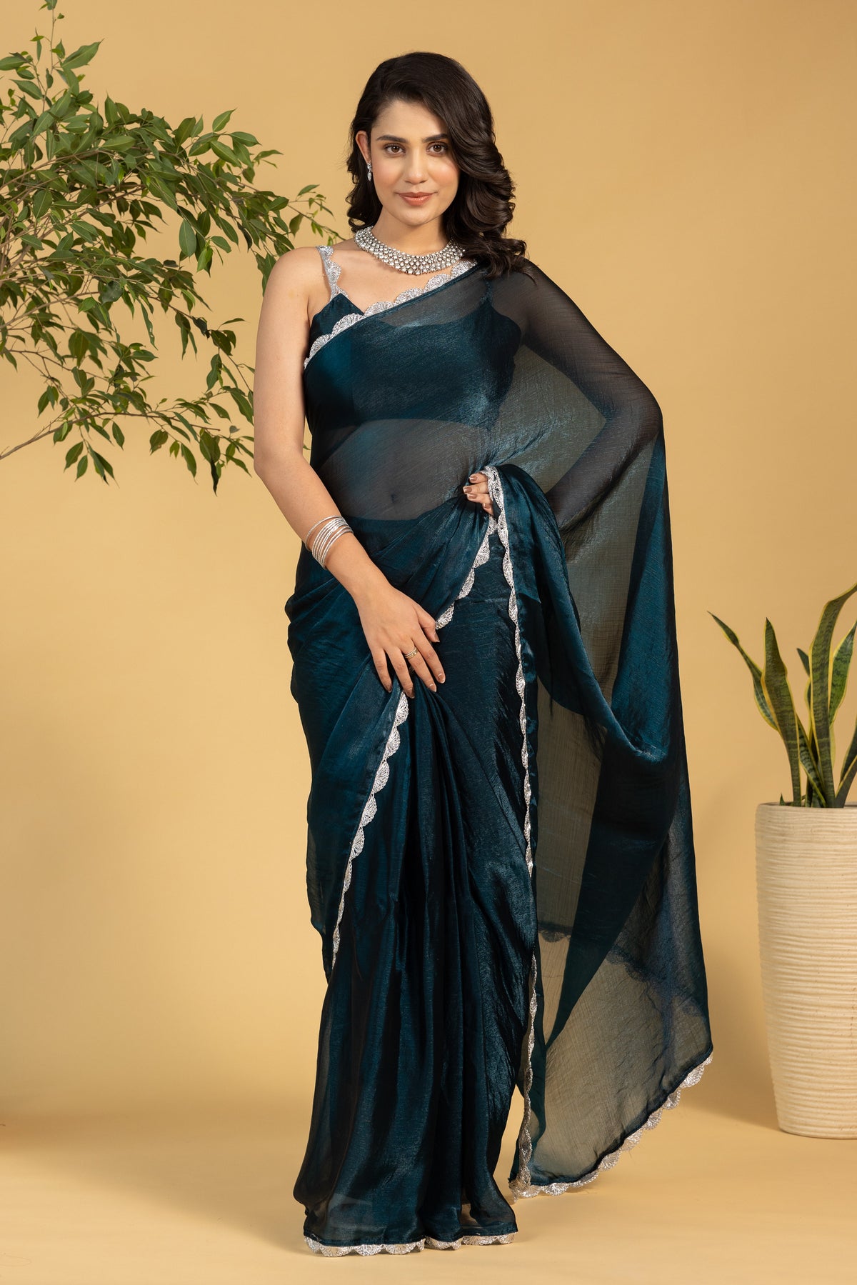 Teal Blue Chiffon Ready To Wear Saree For Graceful Bollywood Style Saree