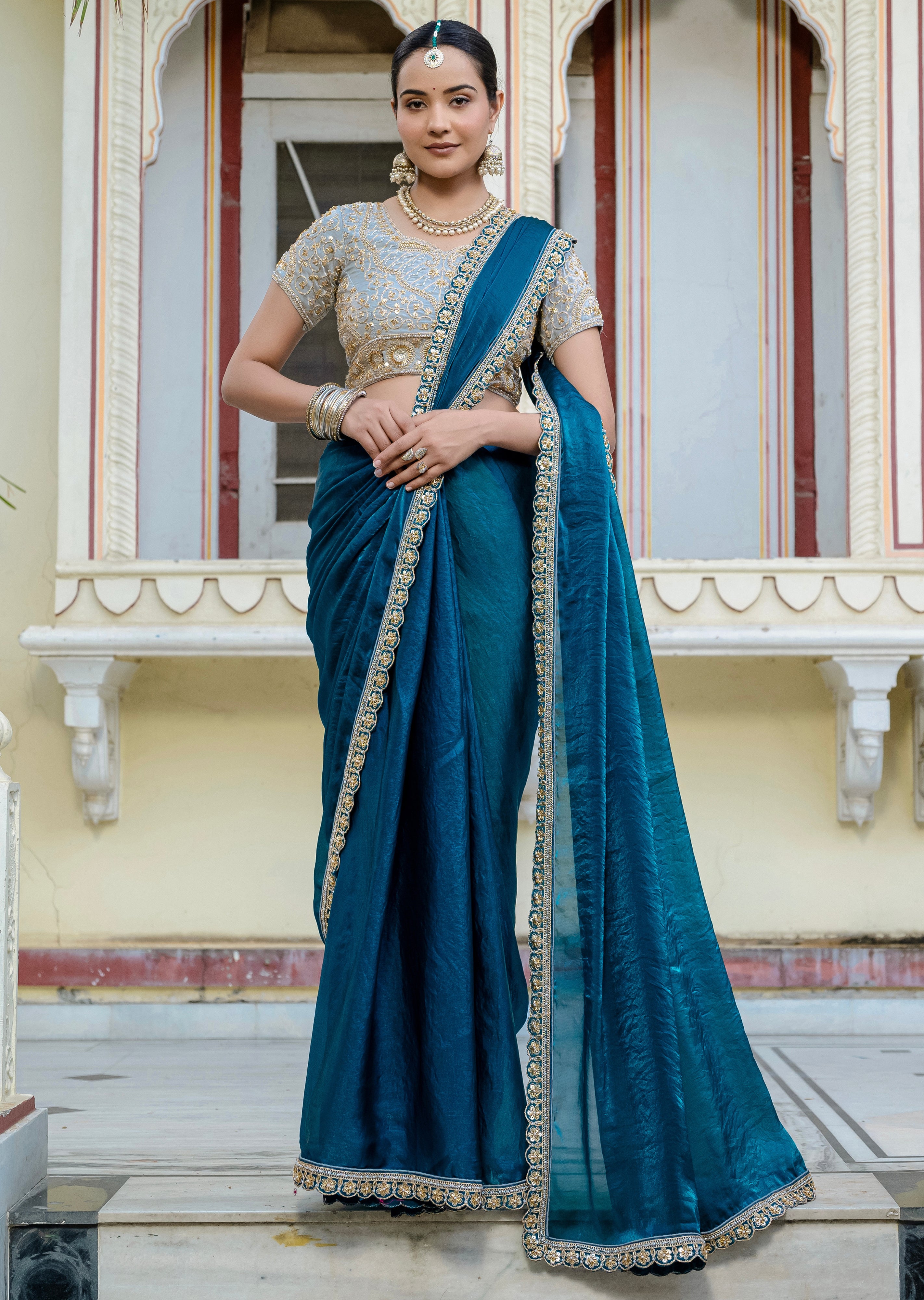 Teal Blue Color  Satin with Velvet Lustre Saree With  Handwork Lace