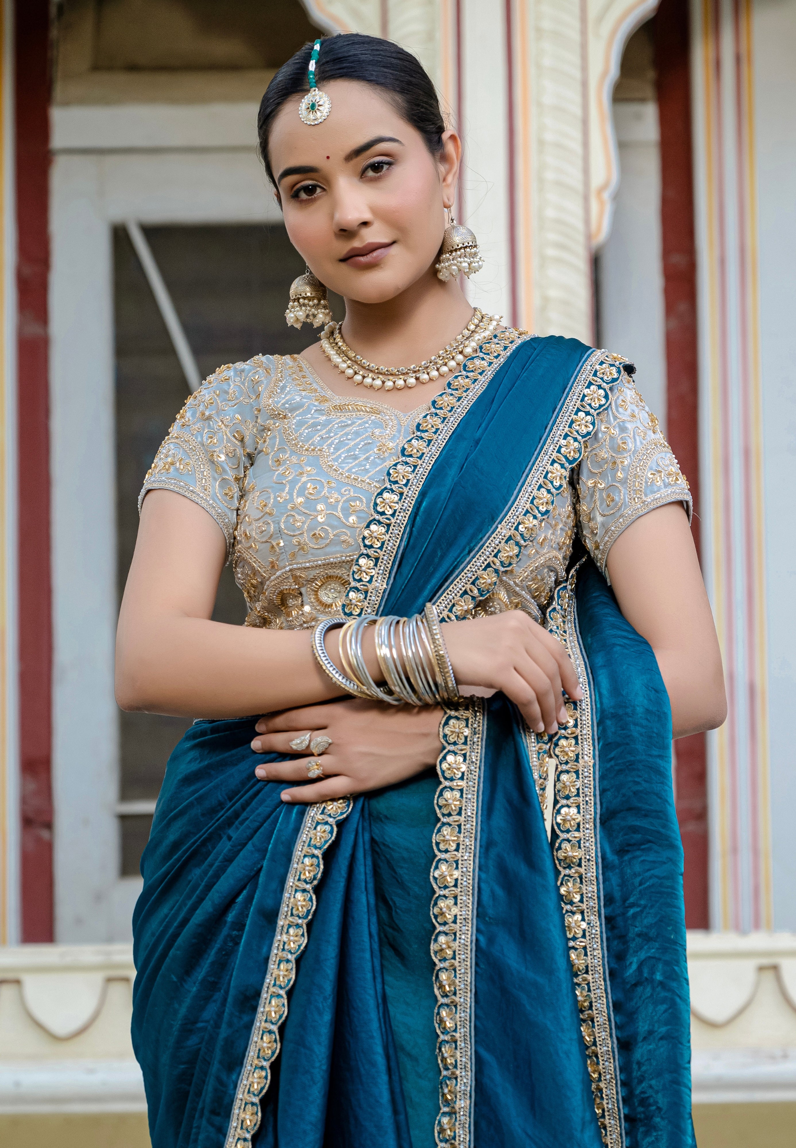 Teal Blue Color  Satin with Velvet Lustre Saree With  Handwork Lace