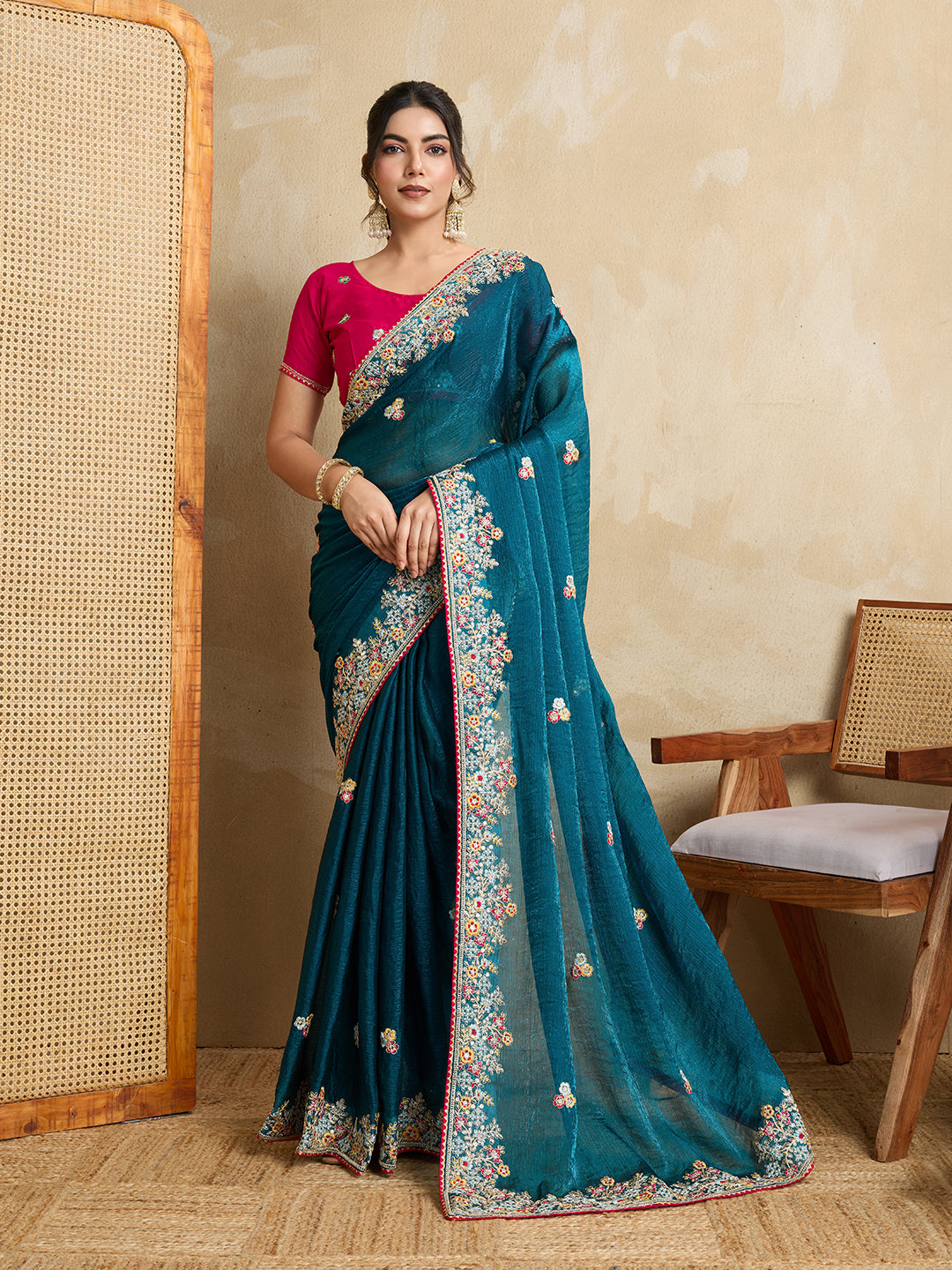 Teal Blue Designer Embroidery Work Frendy Chiffon Wedding Ceremony Special Saree