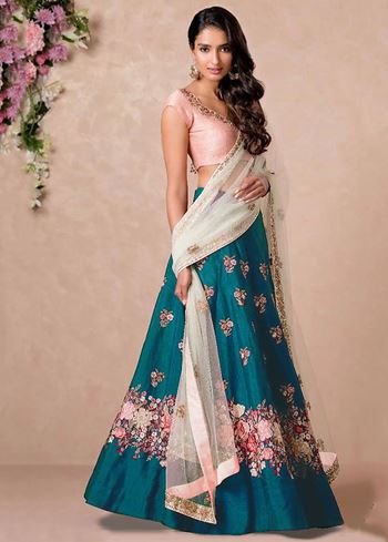 Teal Blue Dori Embroidered Silk Bridal Wedding Lehenga Choli