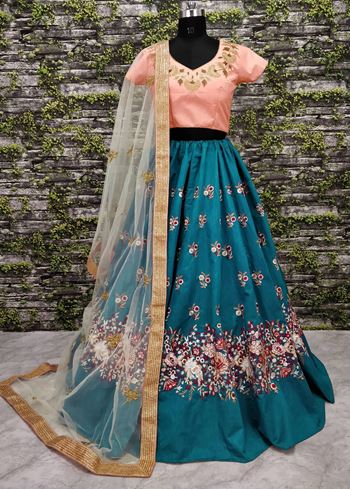 Teal Blue Dori Embroidered Silk Bridal Wedding Lehenga Choli
