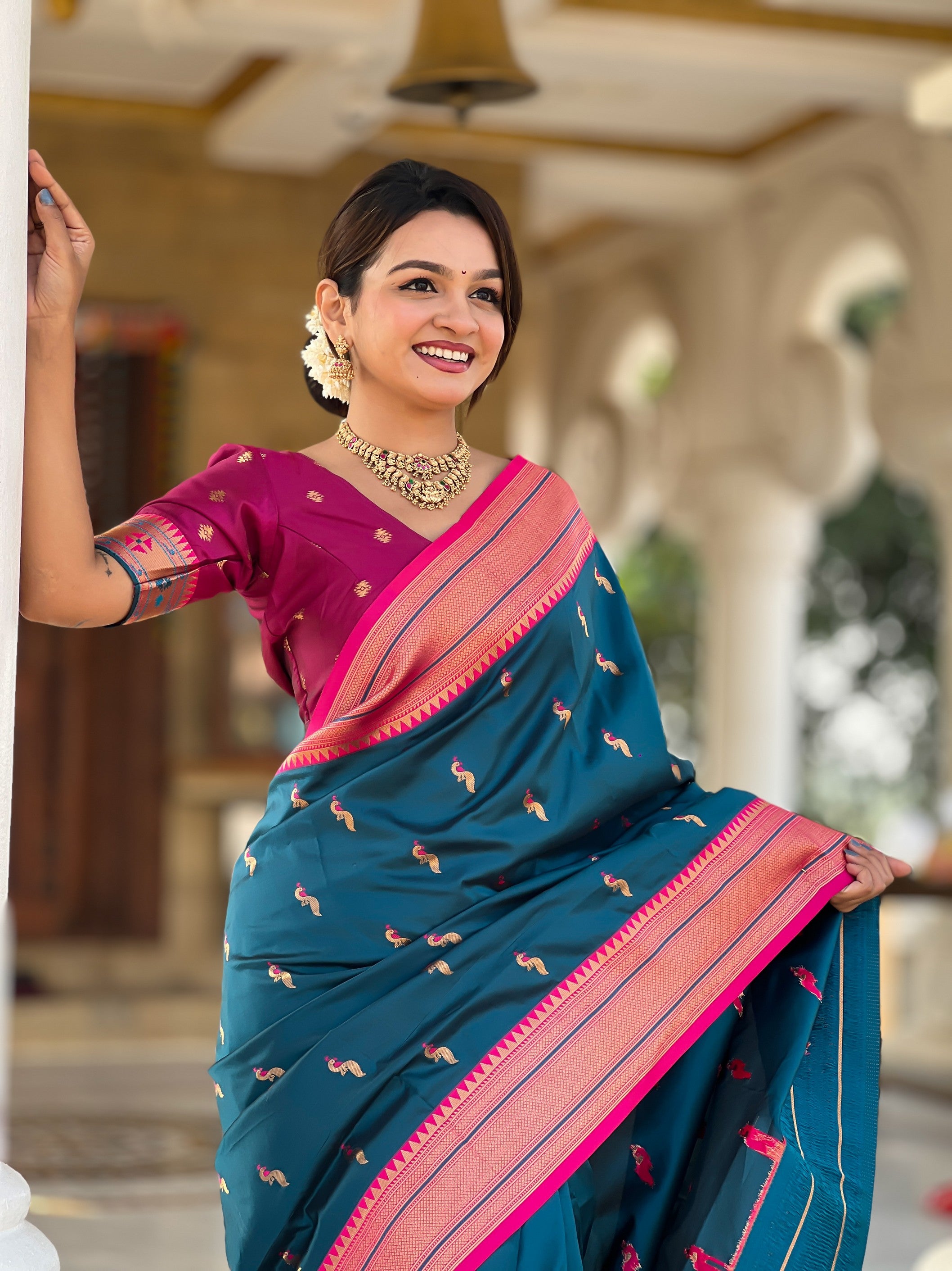 Teal Blue Ethnic Paithani Silk Woven Jacquard Designer Ceremonial Fancy Saree