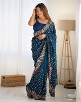 Teal Blue Georgette Fabric Designer Sequins Work Embroidery Saree