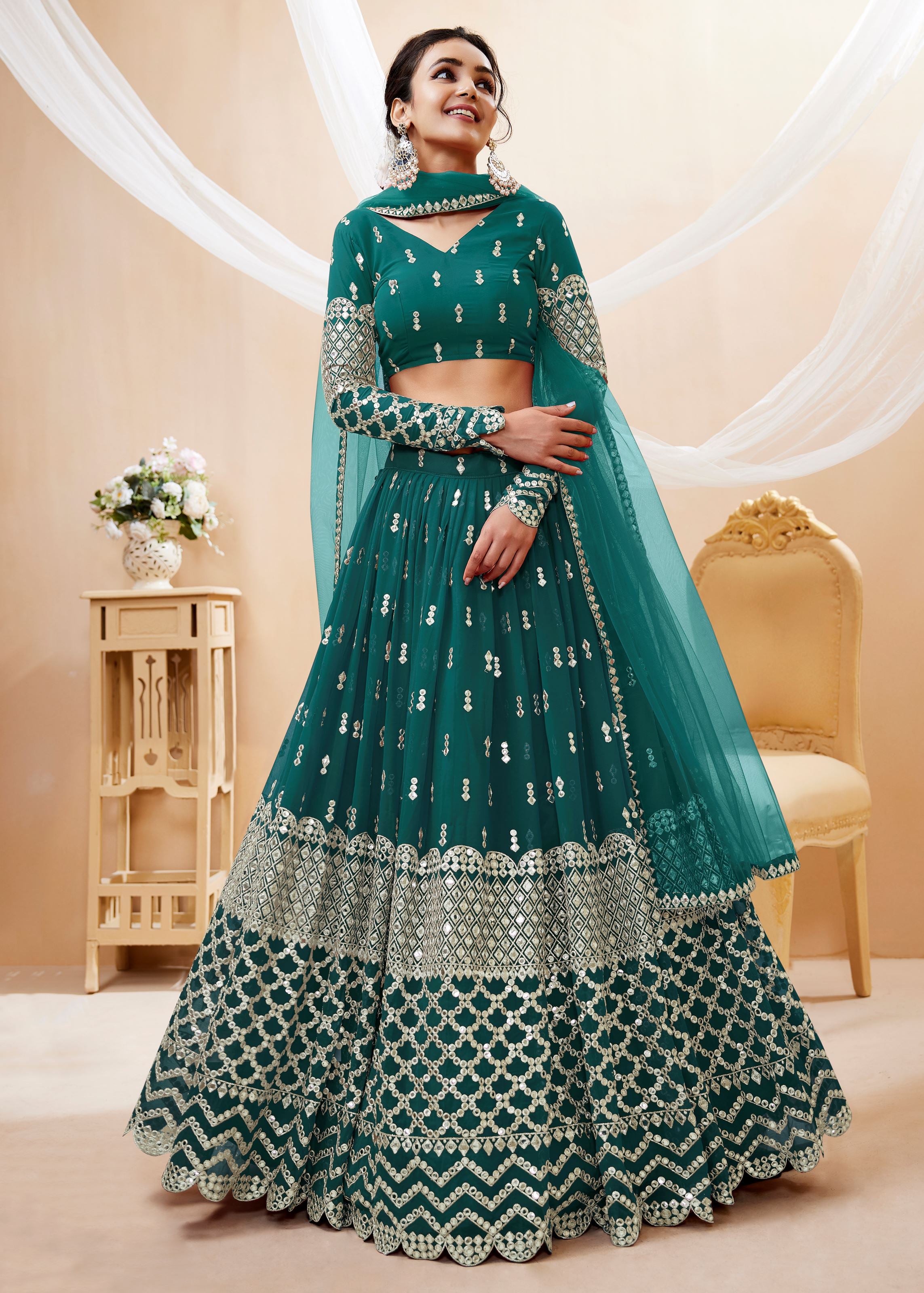 Teal Blue Georgette Lehenga Choli With Sequins Zari Embroidered Work
