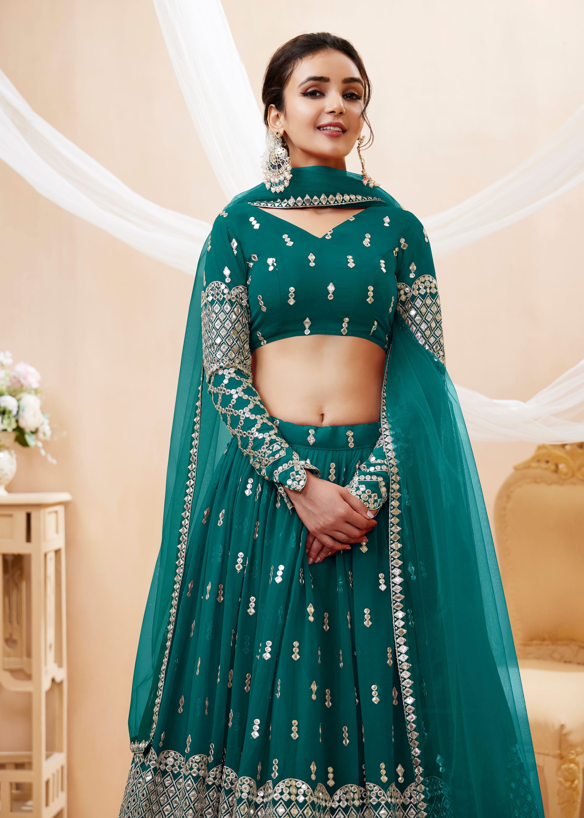 Teal Blue Georgette Lehenga Choli With Sequins Zari Embroidered Work