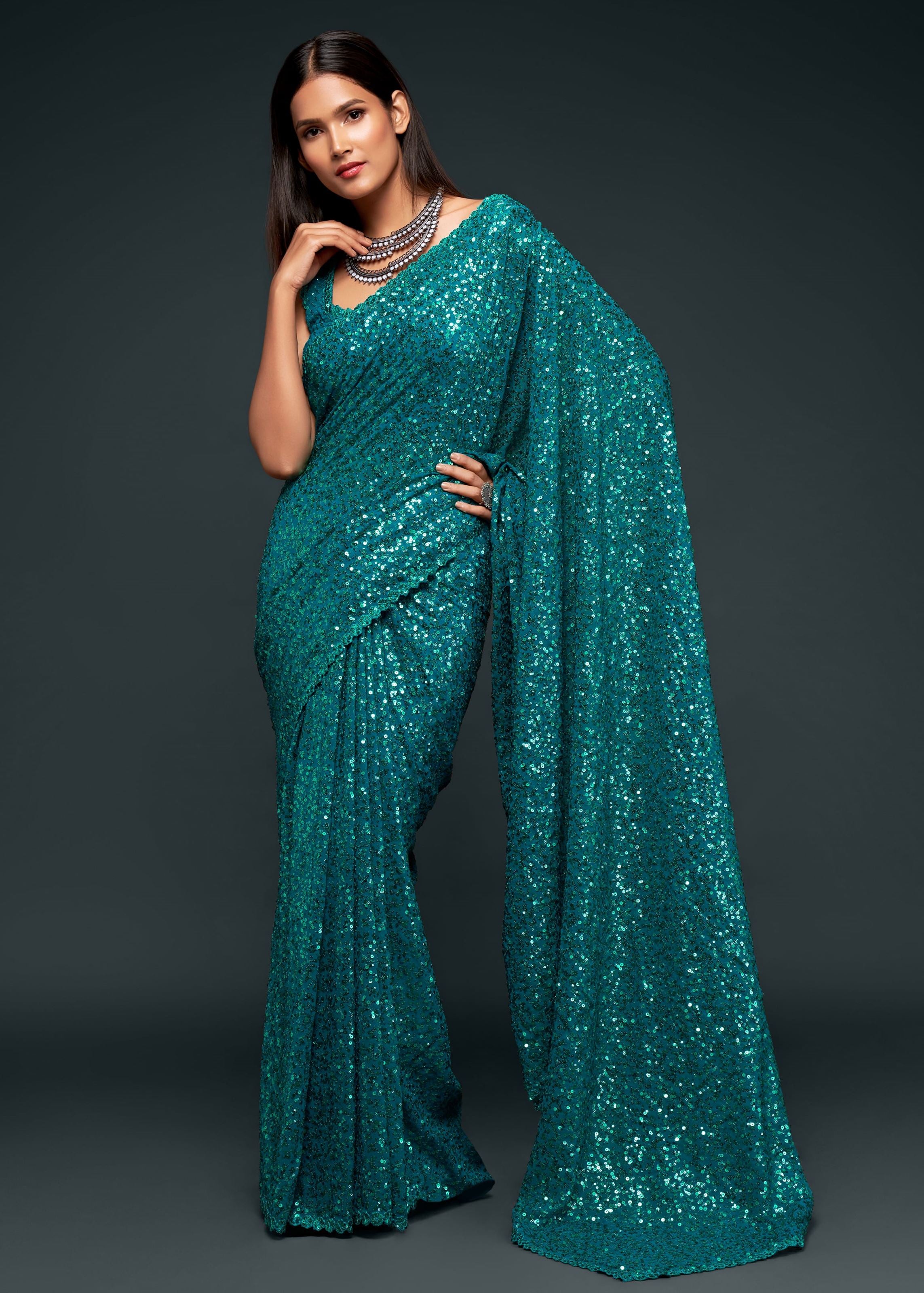 Teal Blue Georgette Saree with Thread Embroidery and Sequins Work