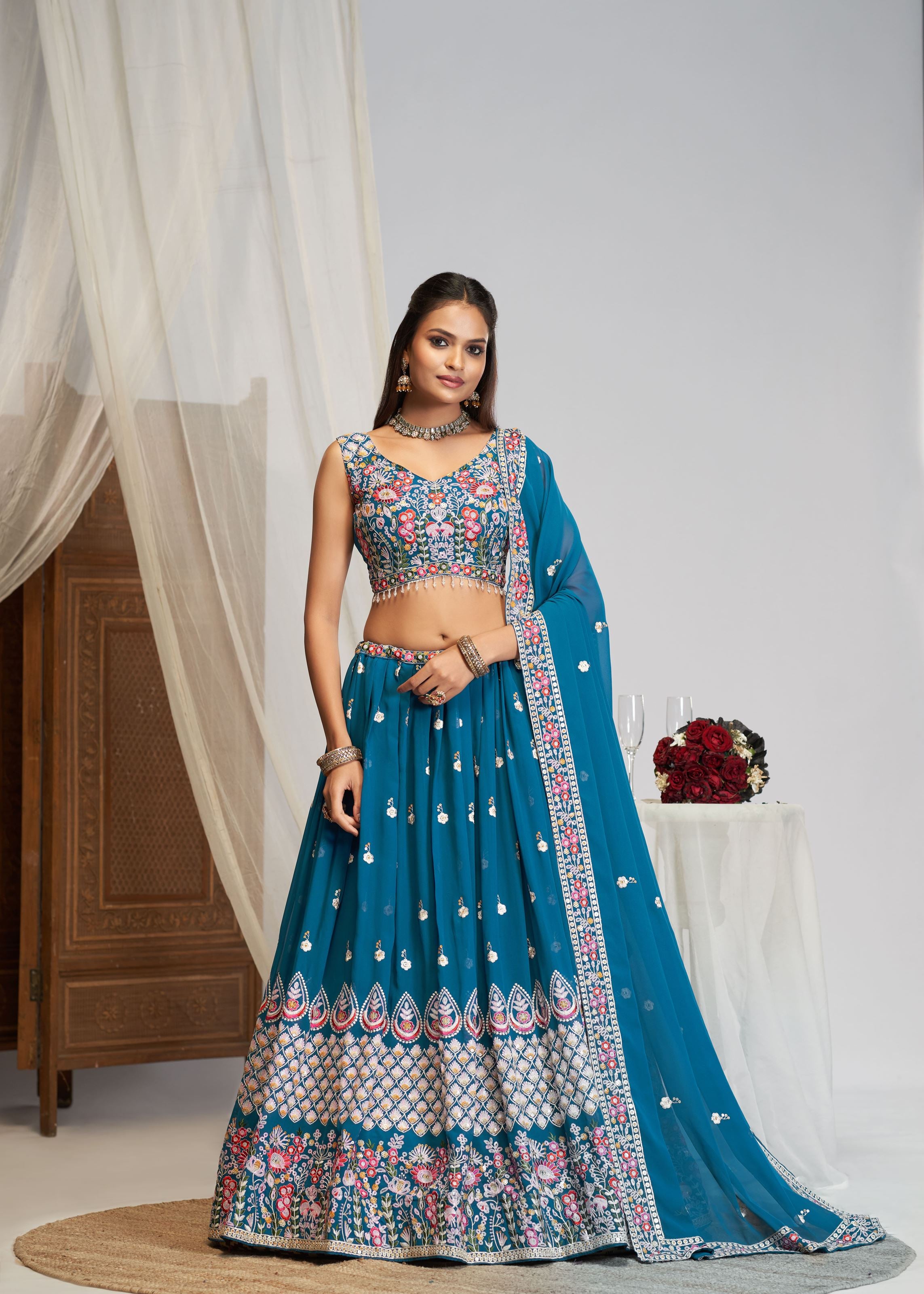 Teal Blue Georgette Sequence Zari, Thread Embroidery Work Lehenga Choli