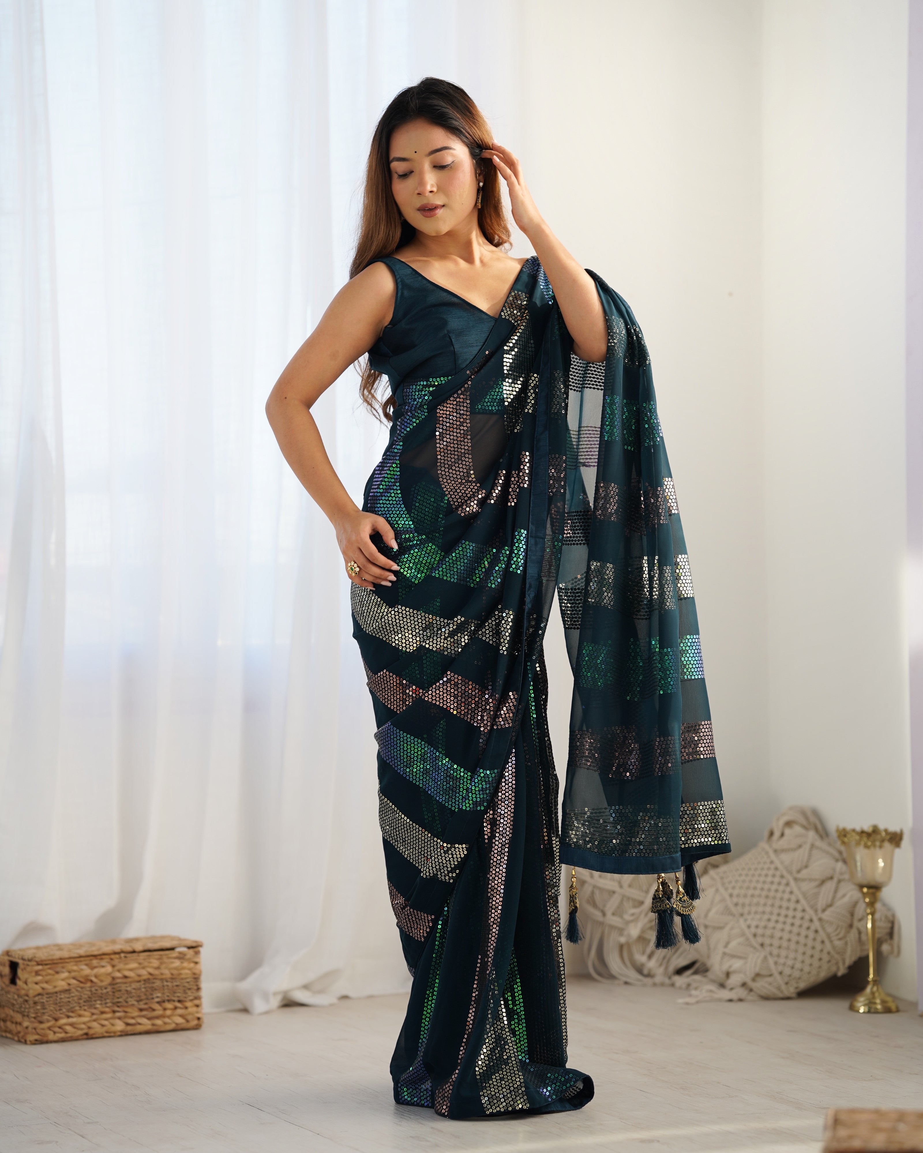 Teal Blue Glamorous Georgette Fabric Sequins Work Bollywood Looks Saree