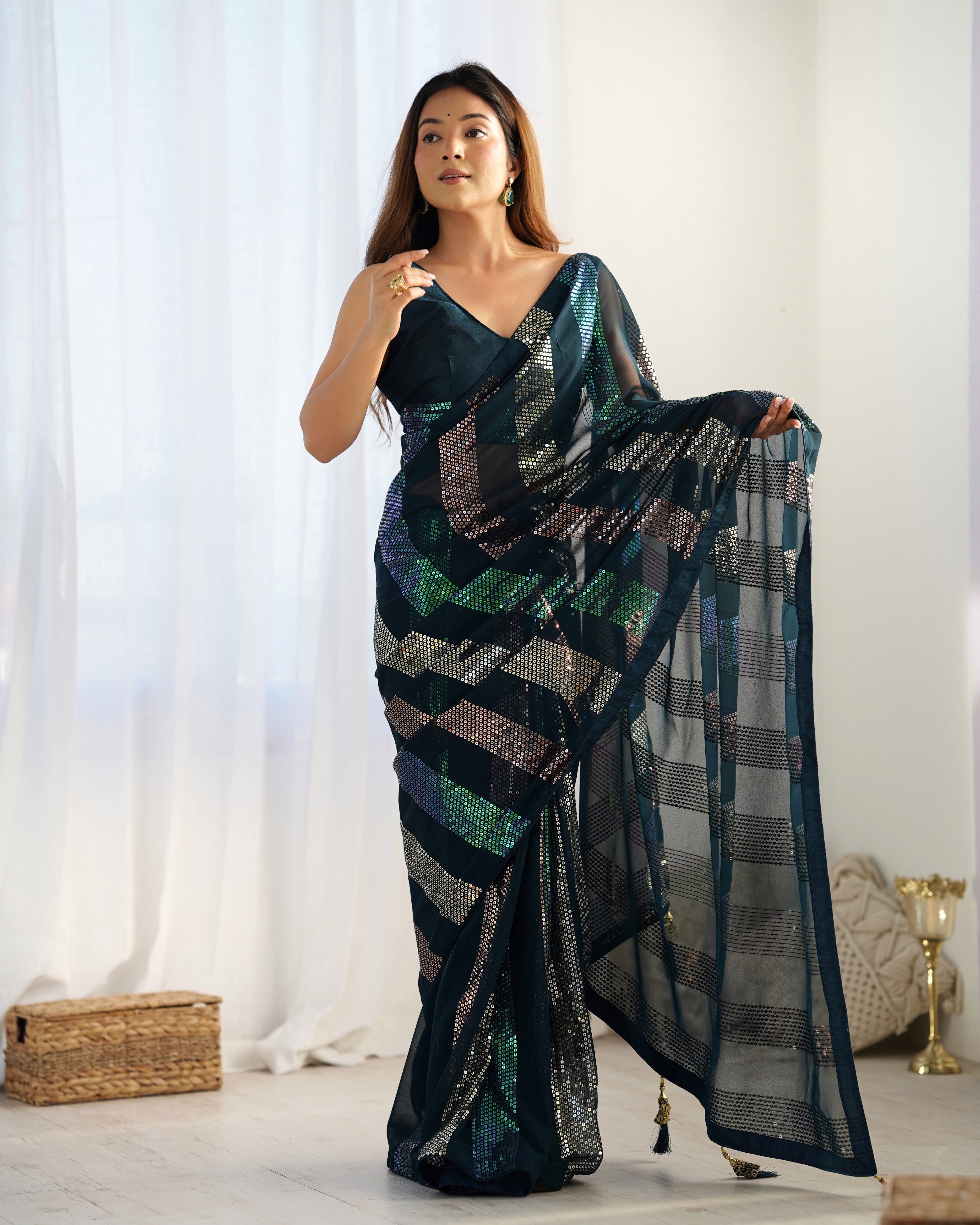 Teal Blue Glamorous Georgette Fabric Sequins Work Bollywood Looks Saree
