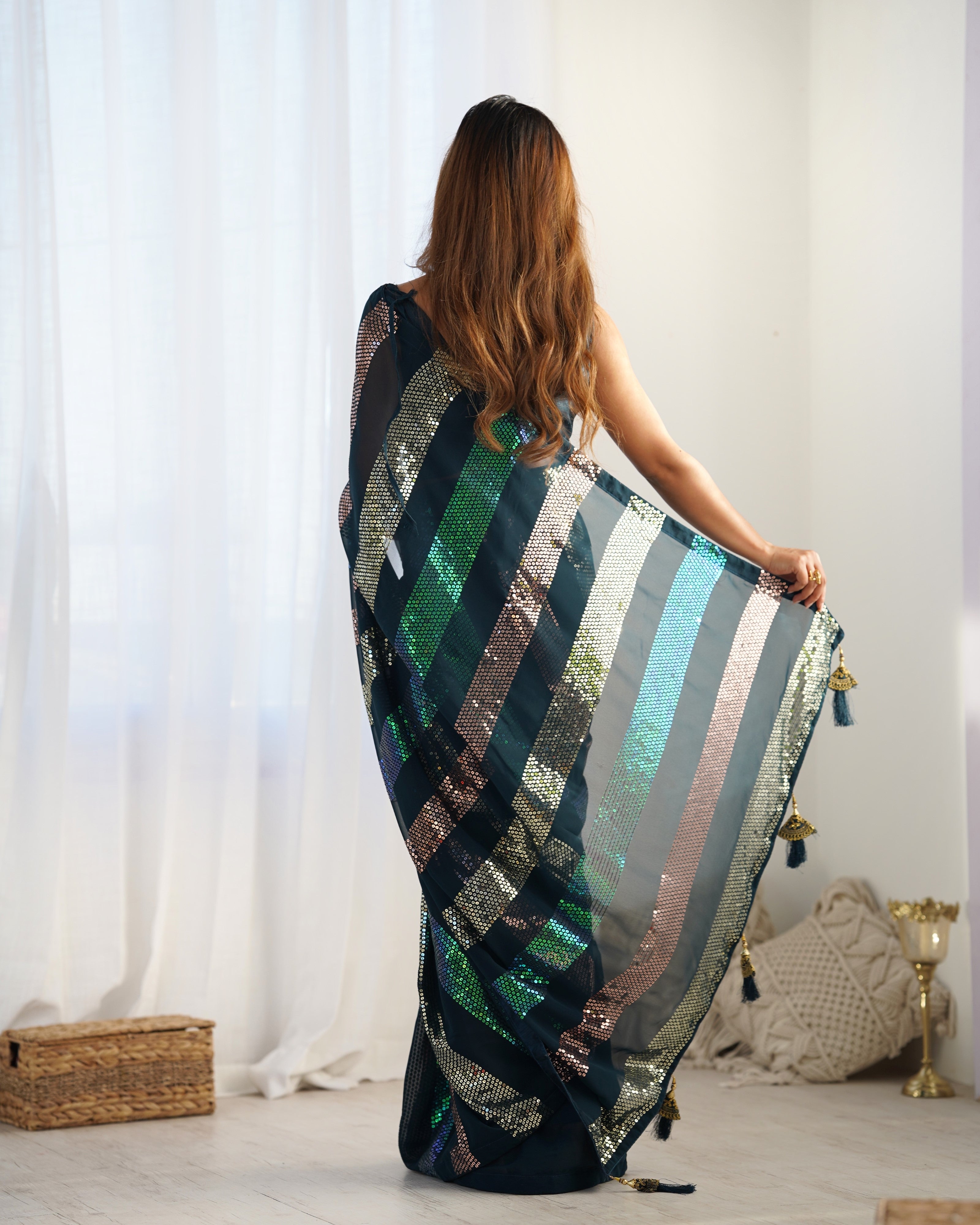 Teal Blue Glamorous Georgette Fabric Sequins Work Bollywood Looks Saree