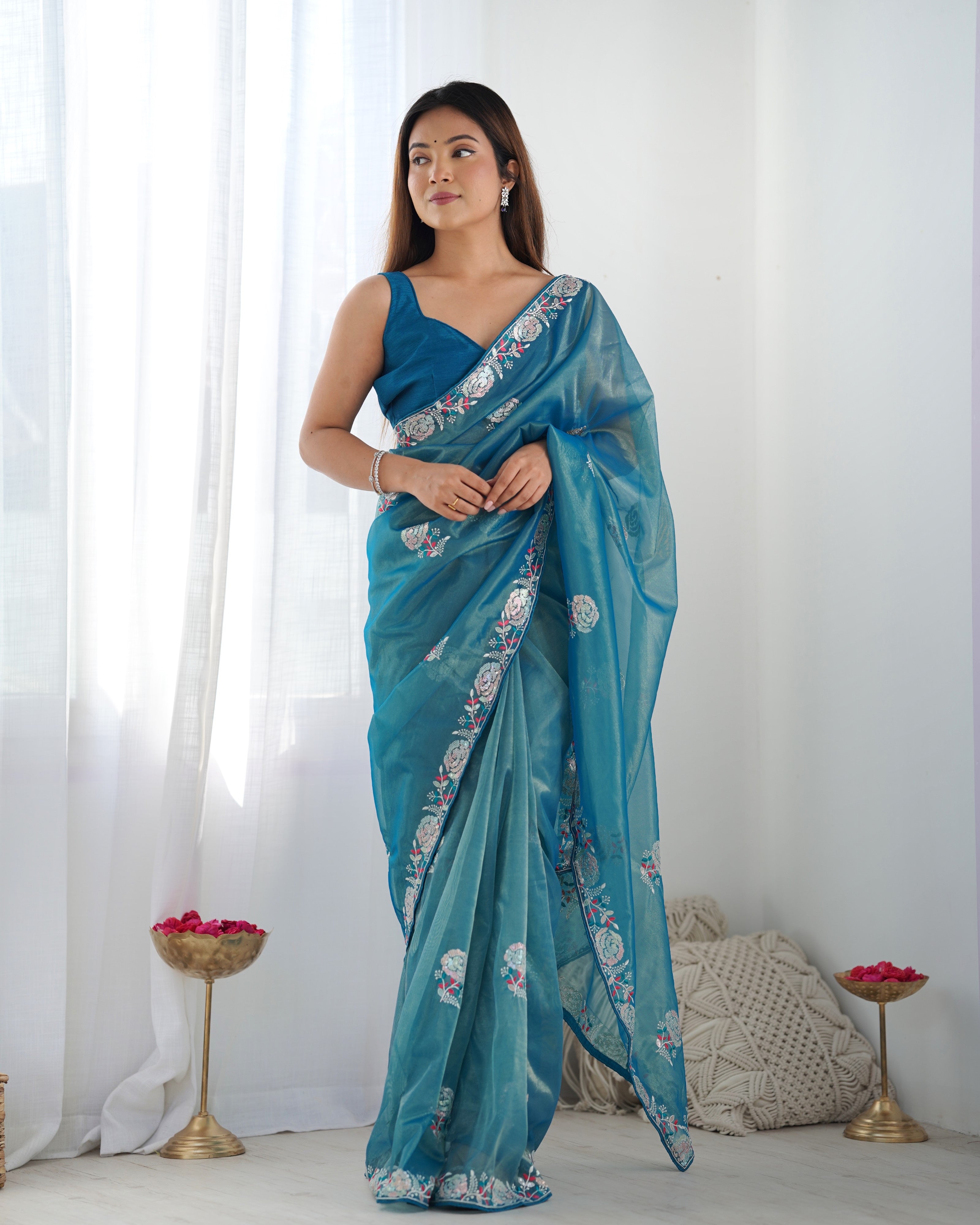 Teal Blue Gold Twill Net Fancy Partywear Embroidered Saree