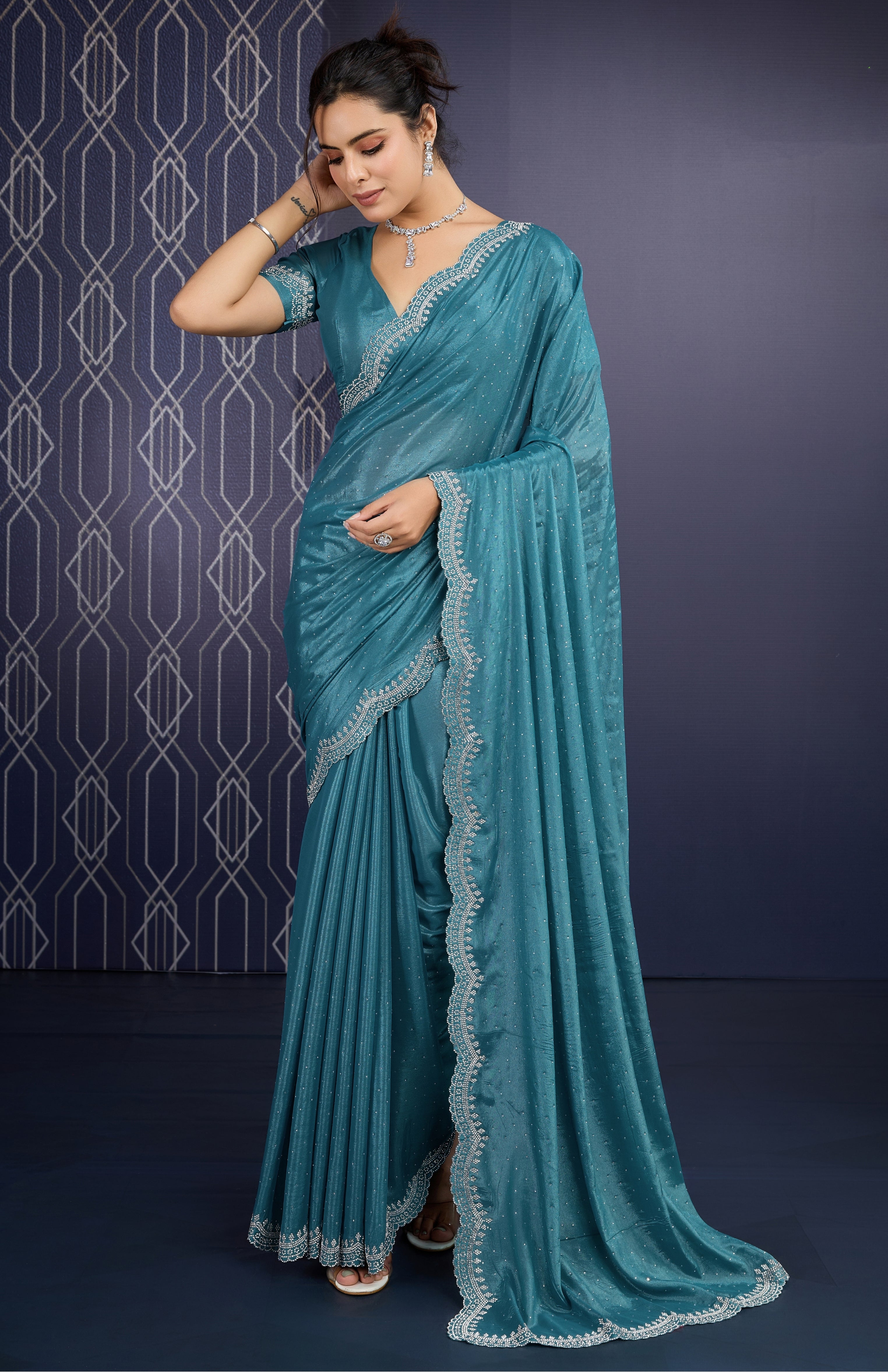 Teal Blue Ice Georgette Saree with Zarkan Diamond Handwork