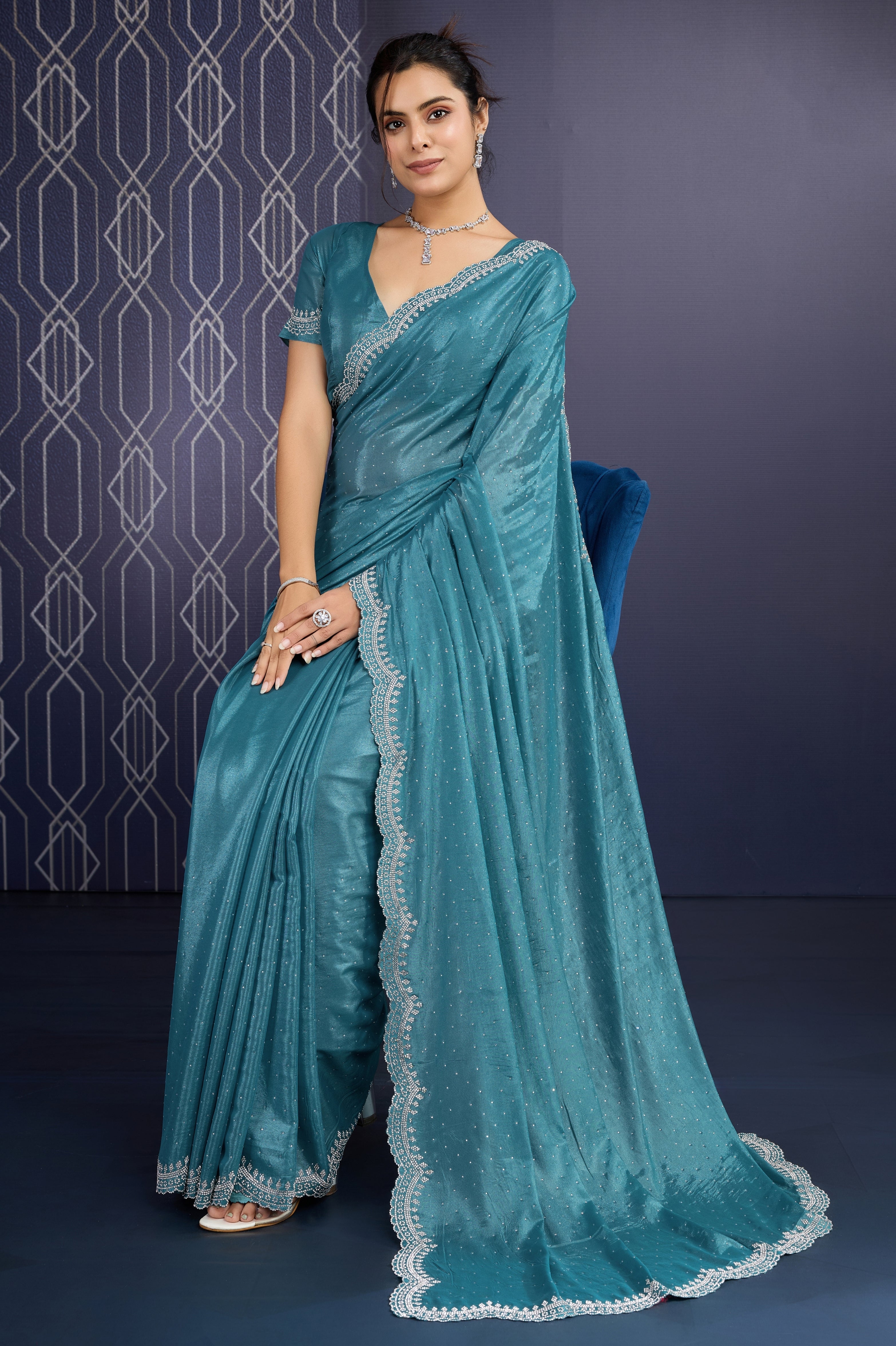 Teal Blue Ice Georgette Saree with Zarkan Diamond Handwork