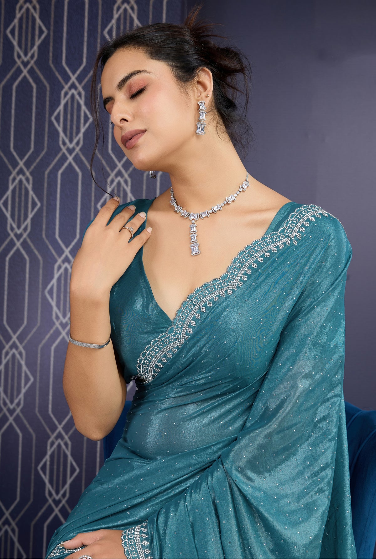 Teal Blue Ice Georgette Saree with Zarkan Diamond Handwork