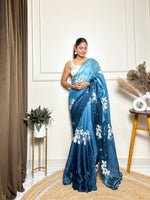 Teal Blue Jimmy Choo Beautiful Sequins Embroidery Work Bollywood Saree