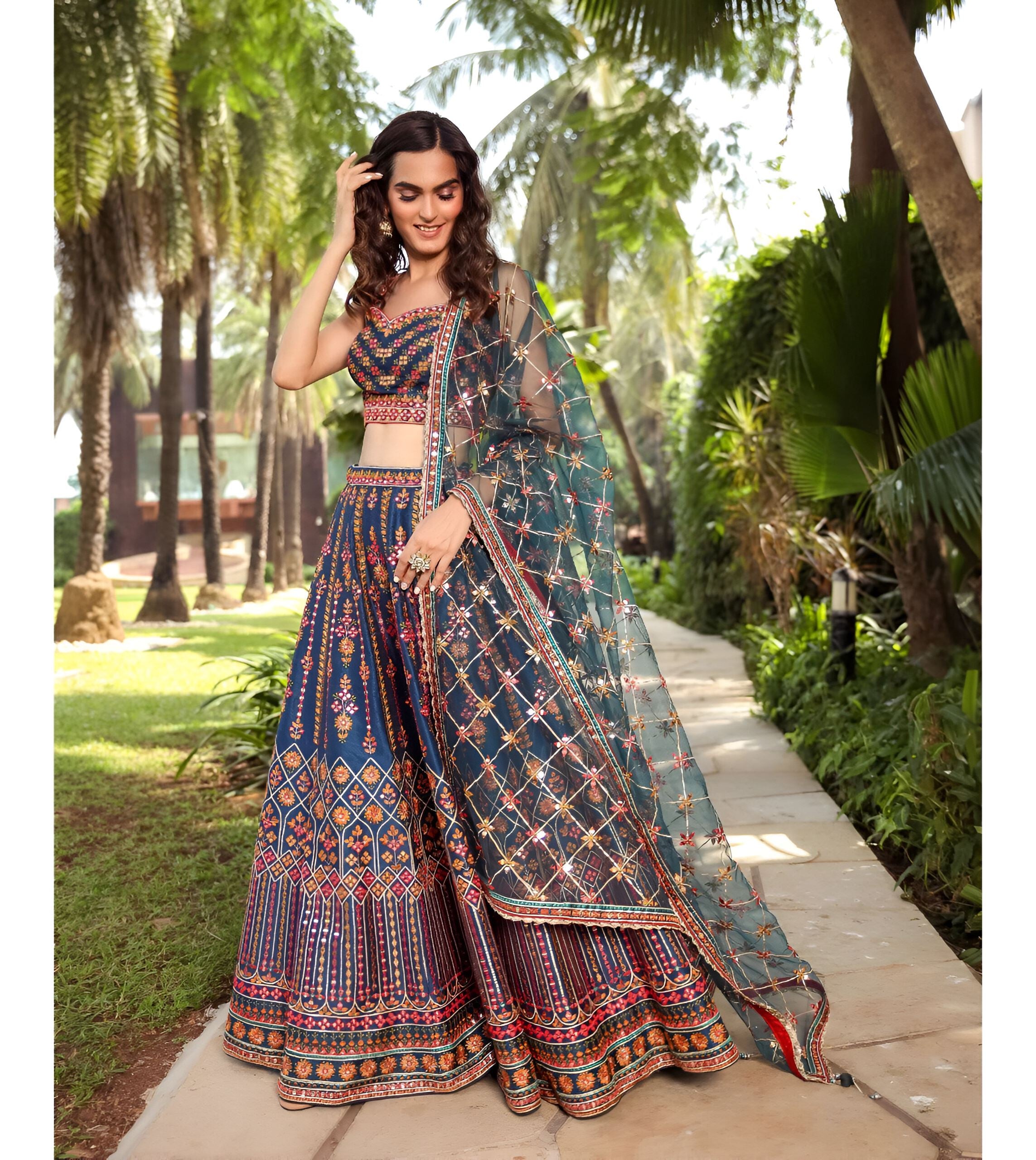Teal Blue Lehenga Choli With Sequence With Thread And Jari Embroidery Work