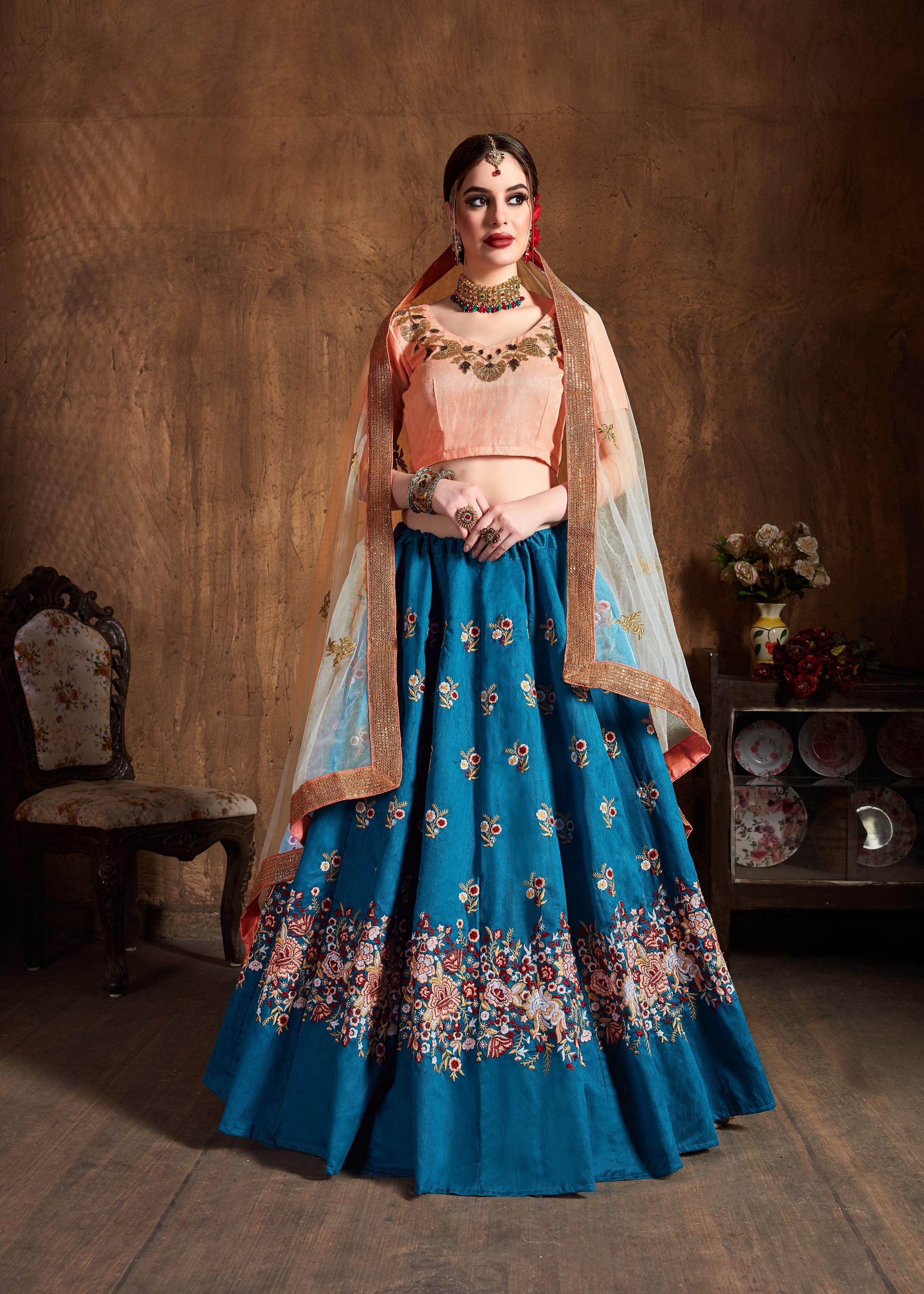 Teal Blue Lehenga Choli With Sequins, Resham Thread And Dori Embroidery