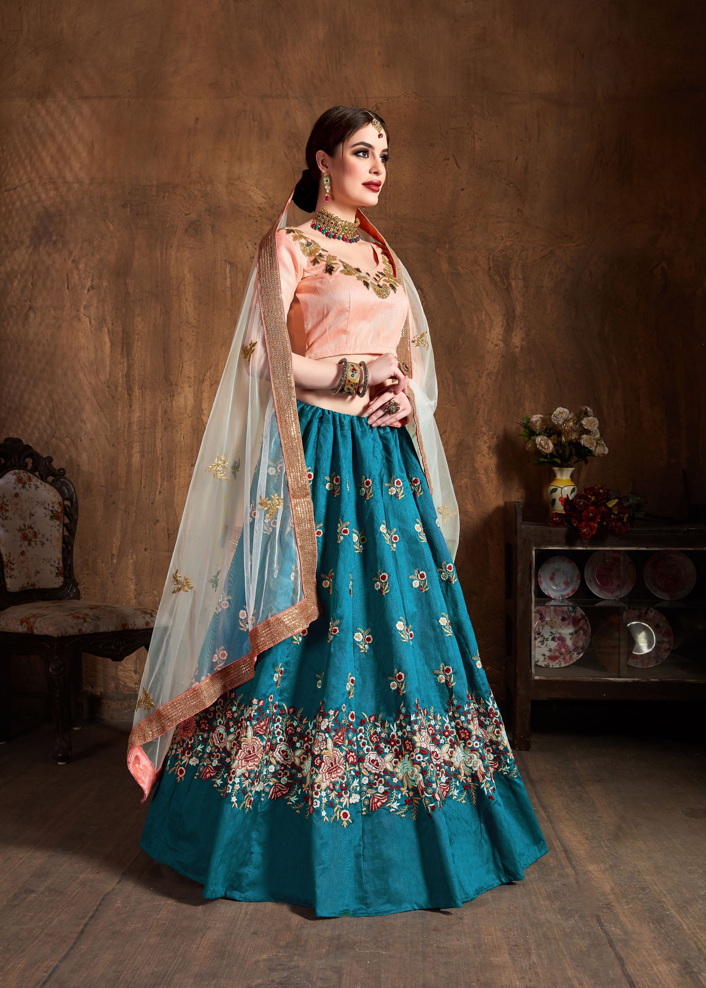 Teal Blue Lehenga Choli With Sequins, Resham Thread And Dori Embroidery