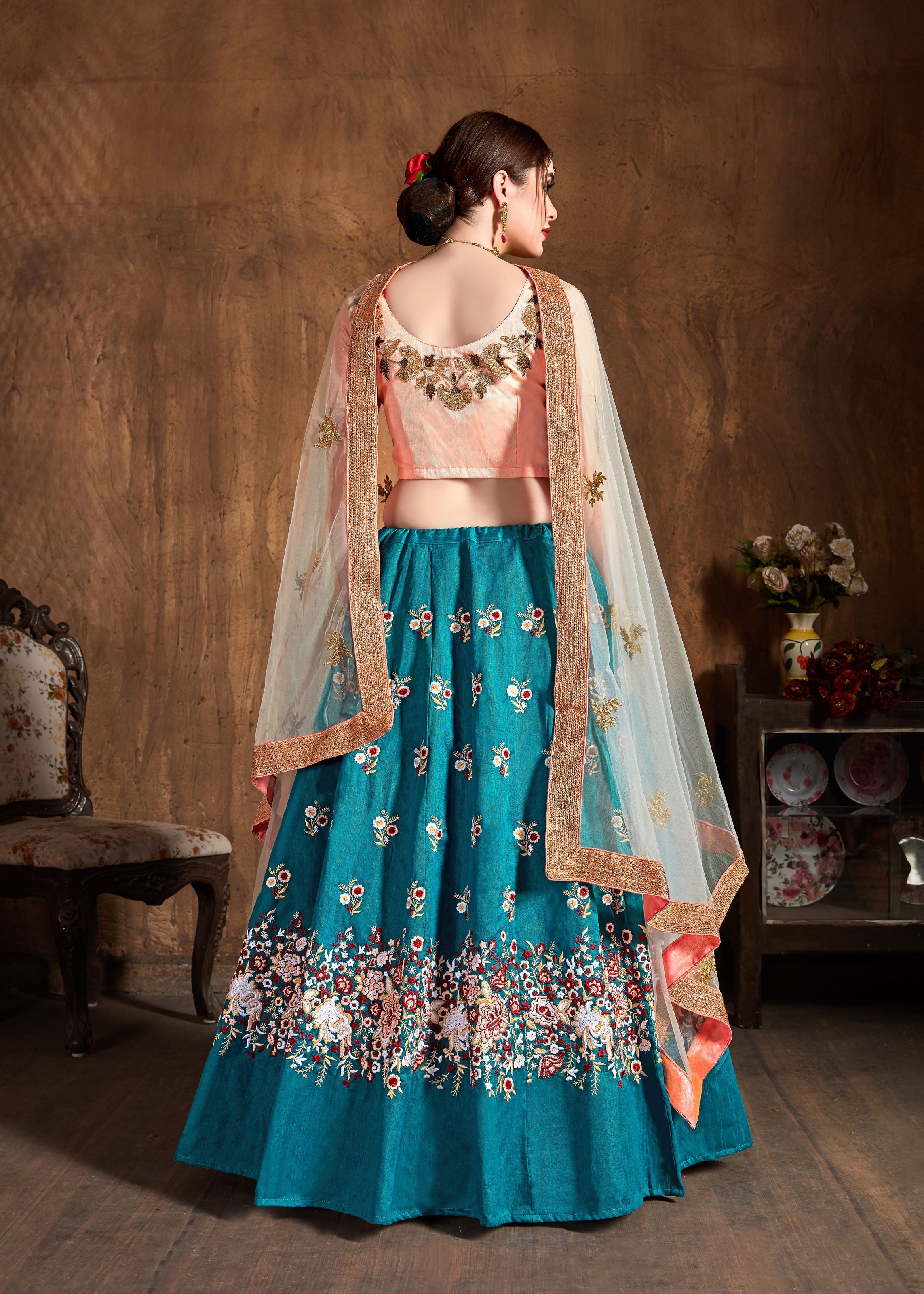 Teal Blue Lehenga Choli With Sequins, Resham Thread And Dori Embroidery