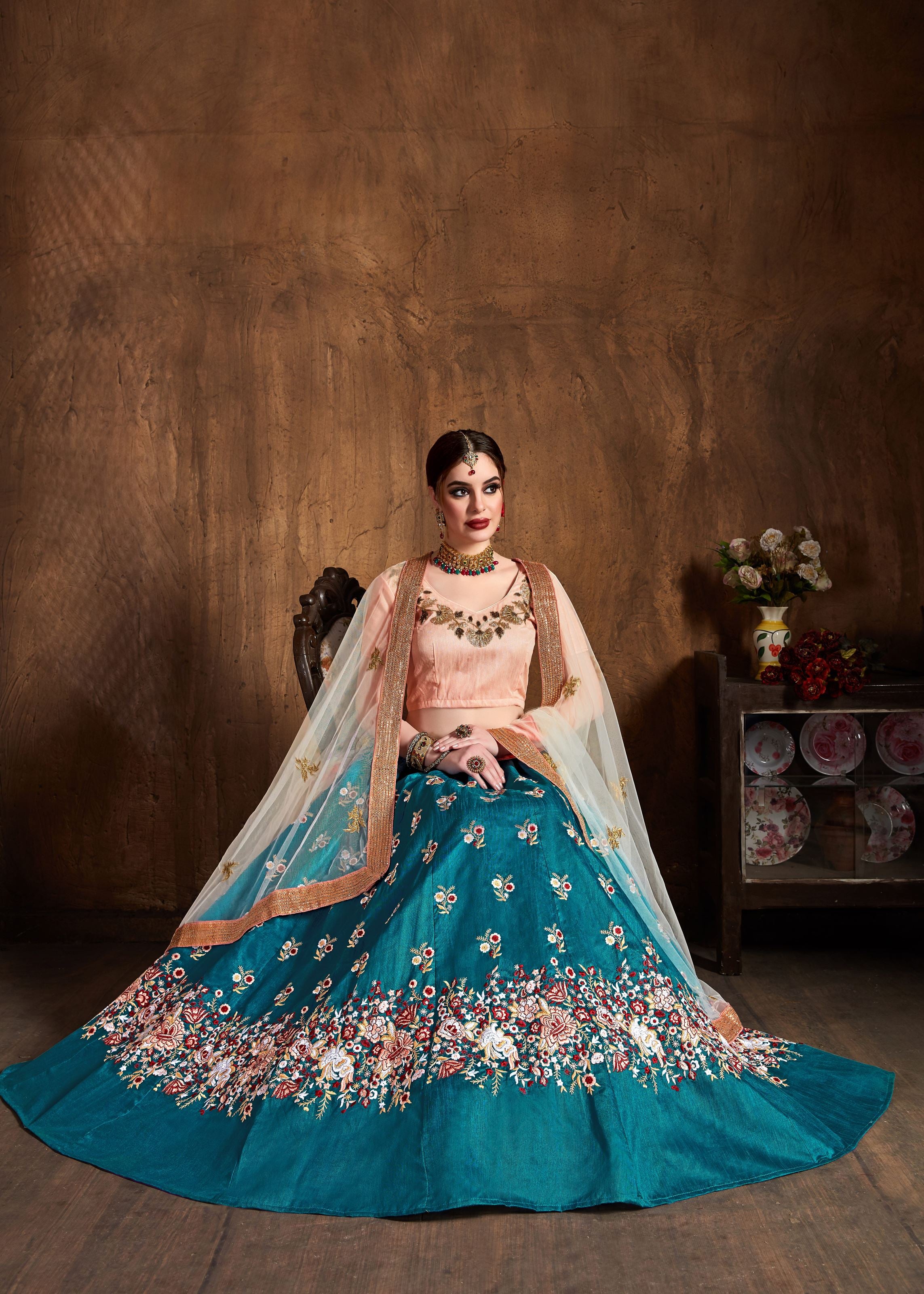 Teal Blue Lehenga Choli With Sequins, Resham Thread And Dori Embroidery