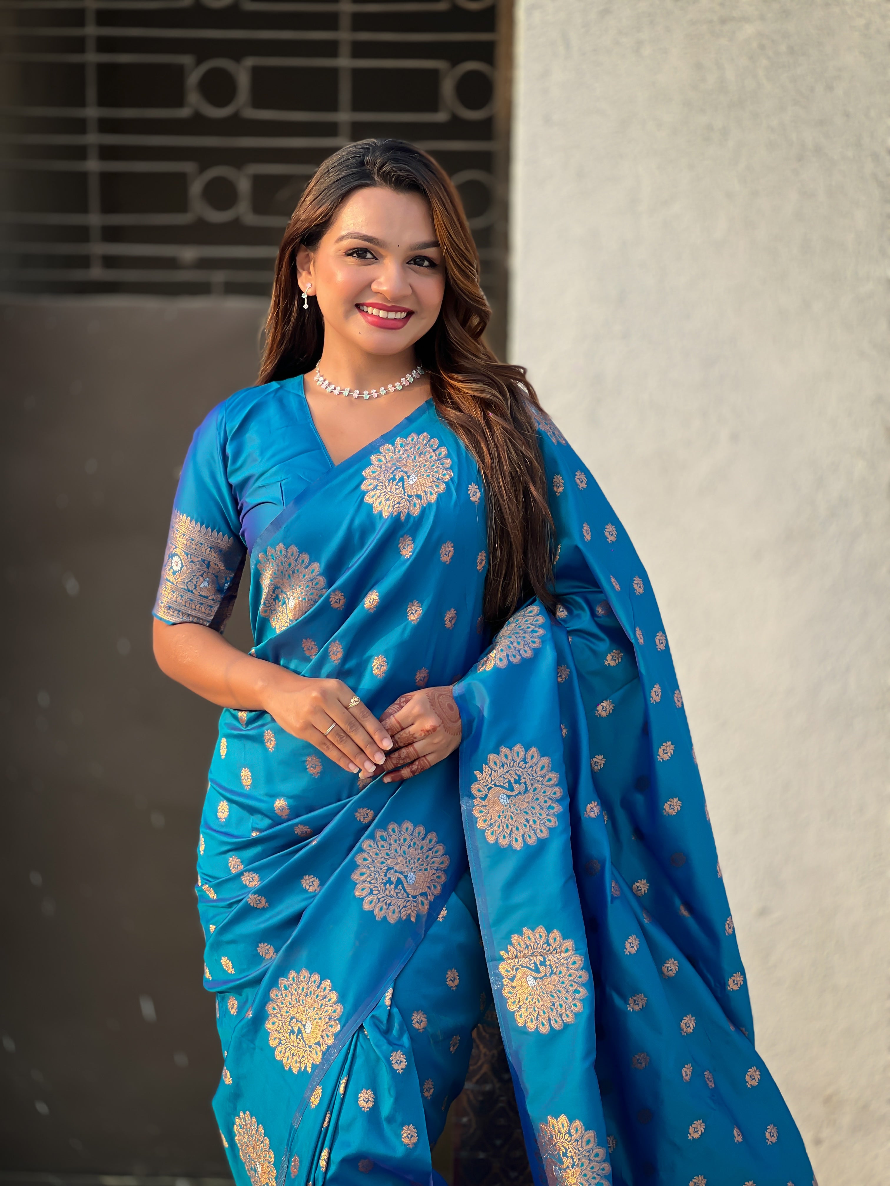Teal Blue Moonga Silk Woven Dual Jari Peacock Designer Heavy Festive Wear Saree