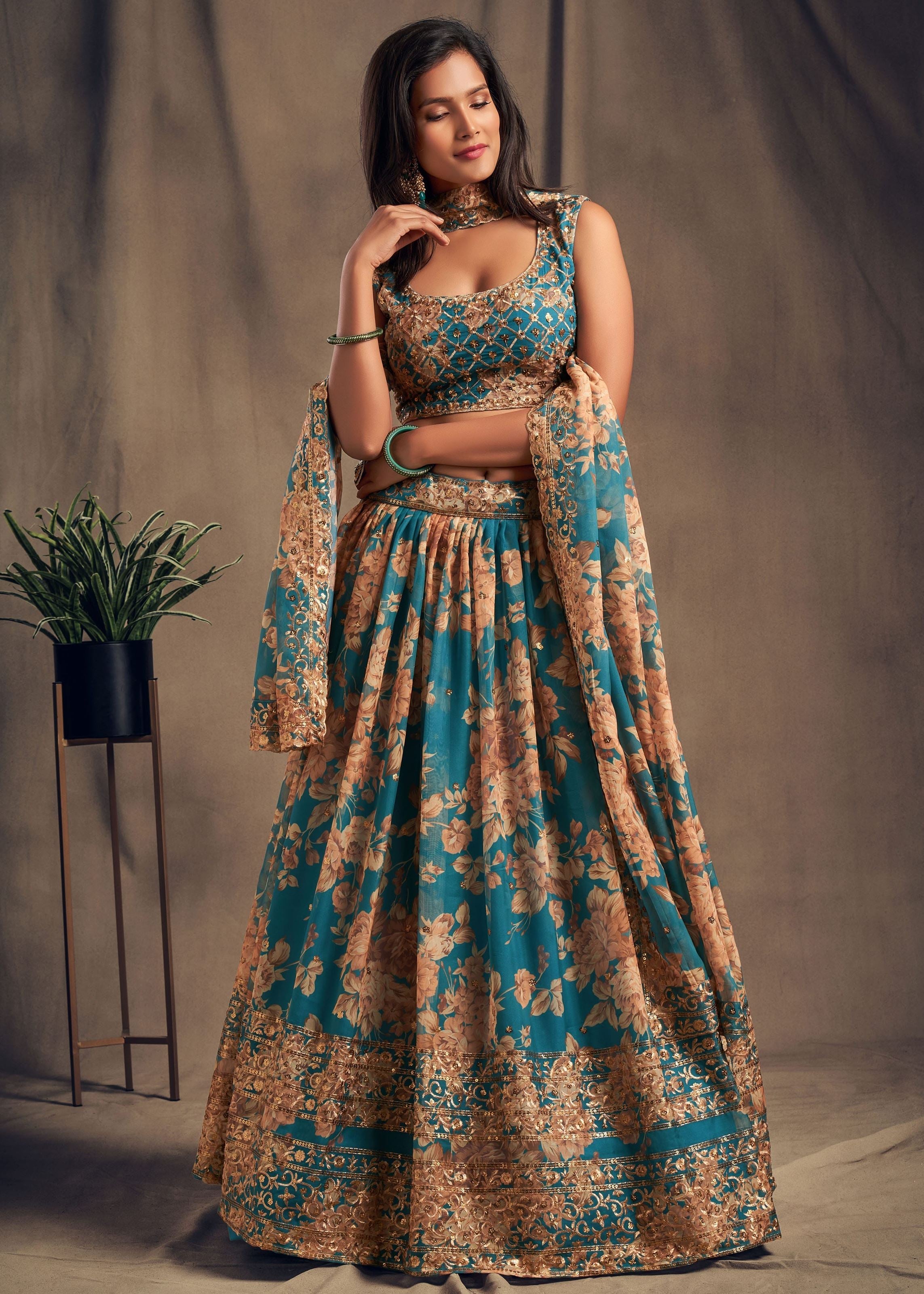 Teal Blue Organza Lehenga Choli With Sequins Zari Embroidery Work