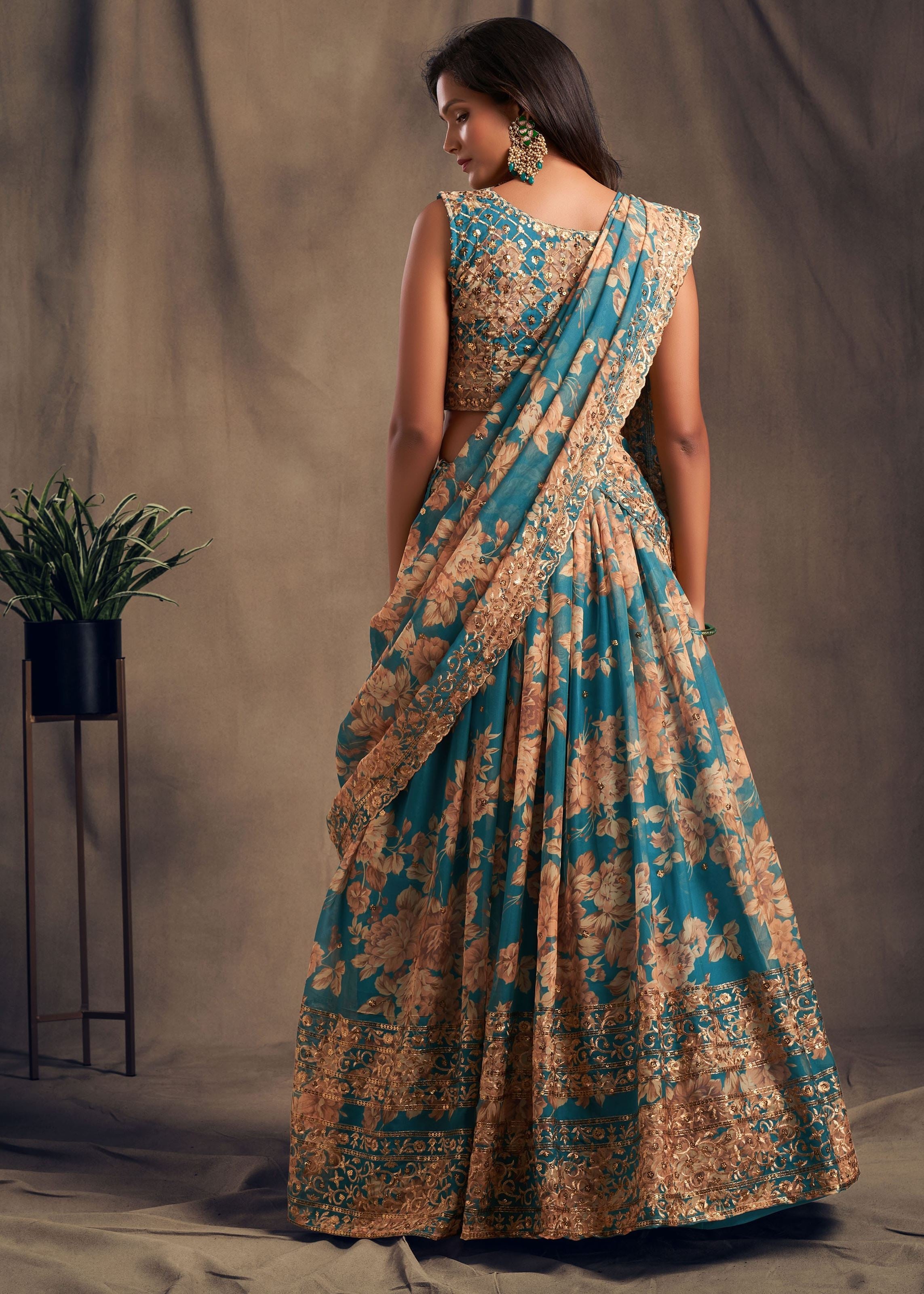 Teal Blue Organza Lehenga Choli With Sequins Zari Embroidery Work