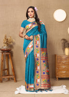 Teal Blue Paithani Silk Woven Meenakari Paithani Designer Saree