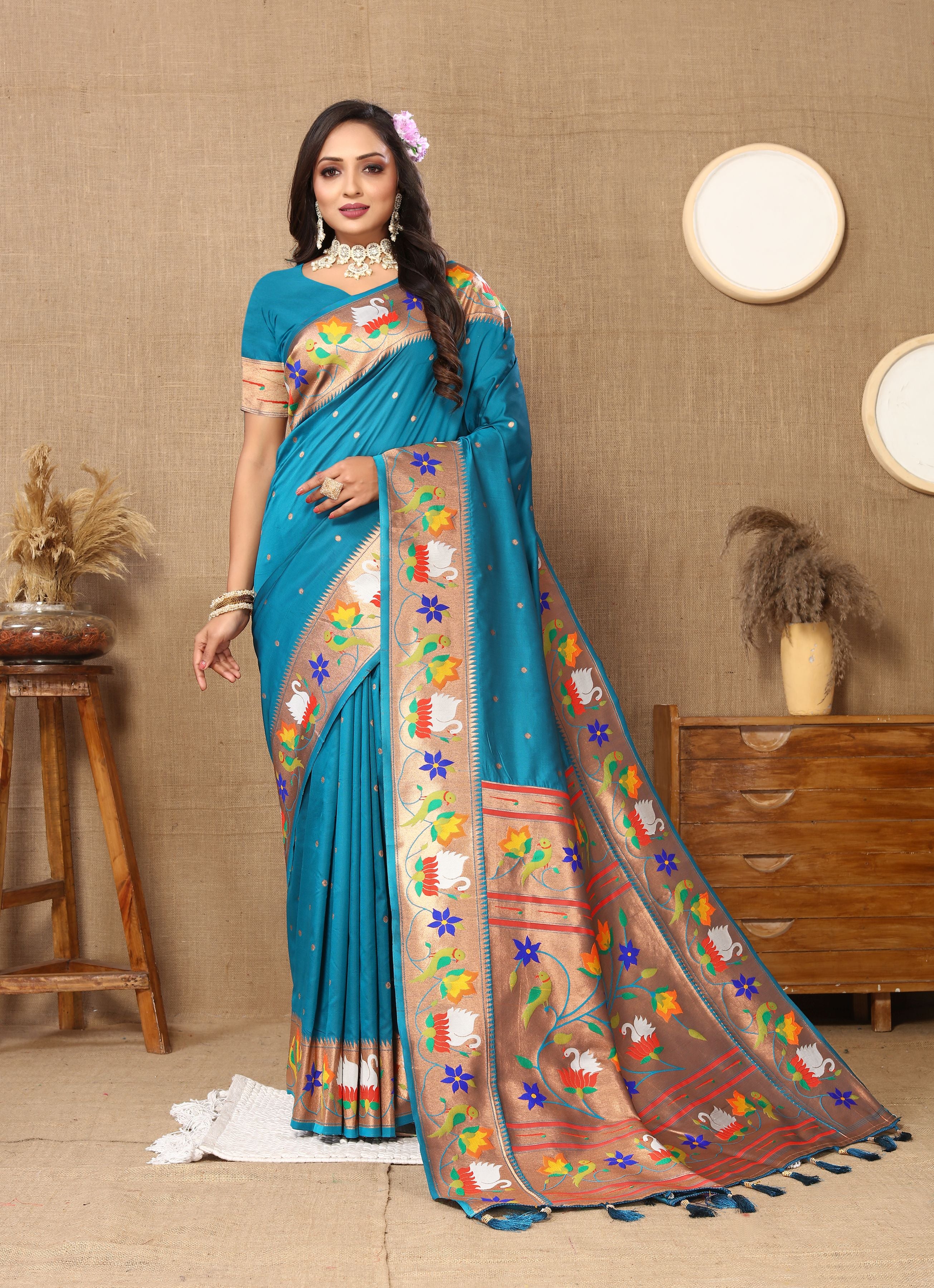 Teal Blue Paithani Silk Woven Meenakari Paithani Designer Saree