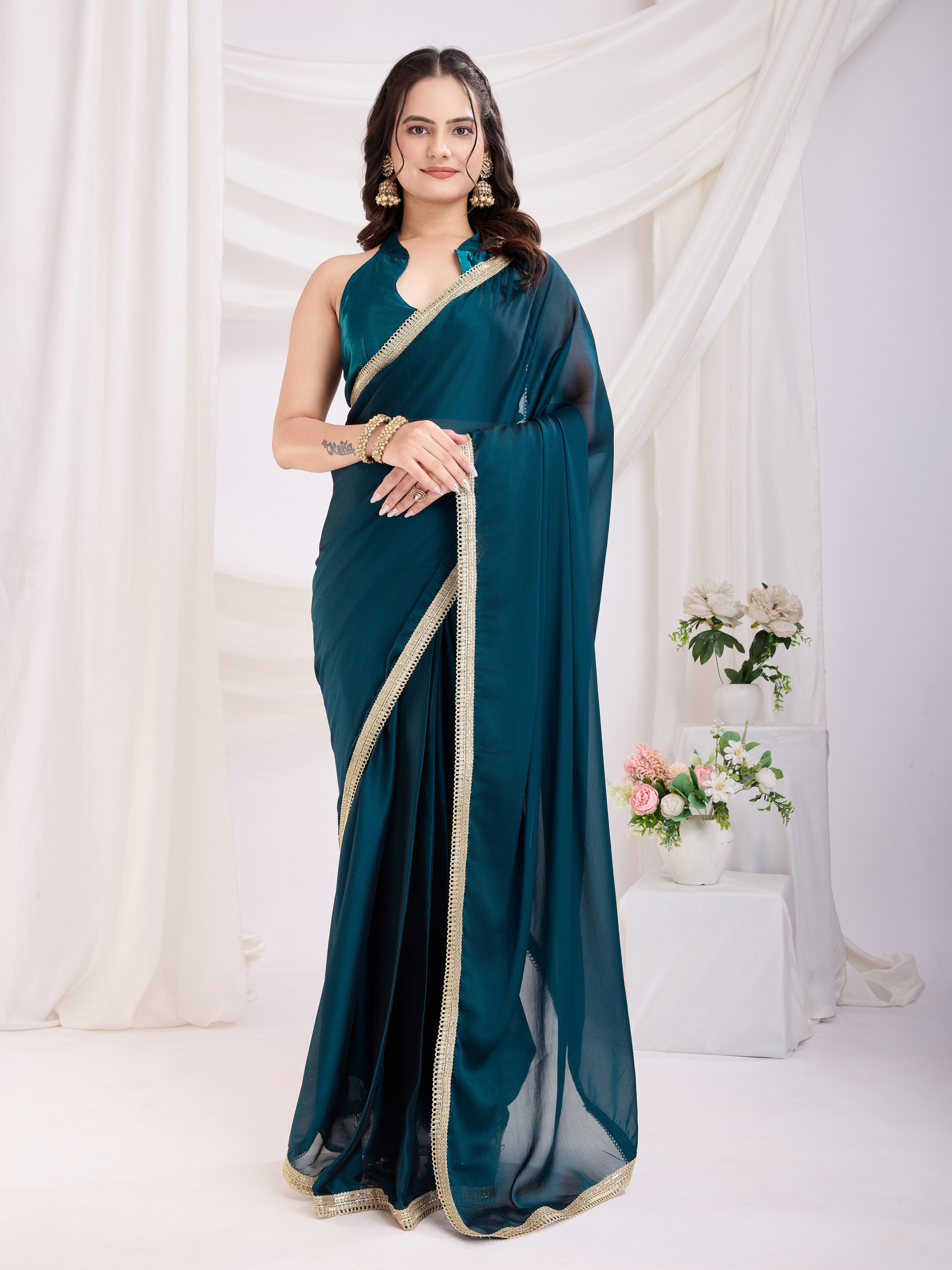 Teal Blue Rangoli Silk Pre Stitched Solid Printed Saree With Lace Border
