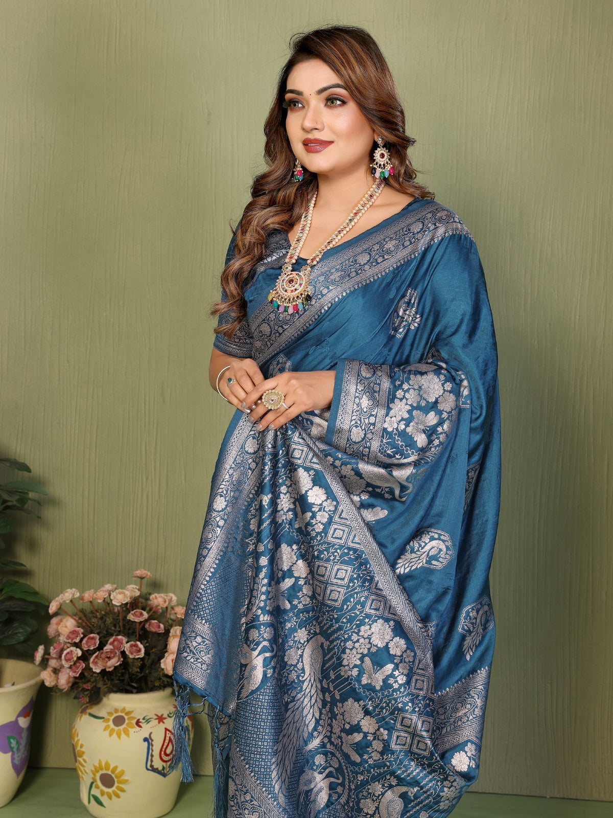 Teal Blue Satin Silk Saree With Elegant Zari Weaving Butta