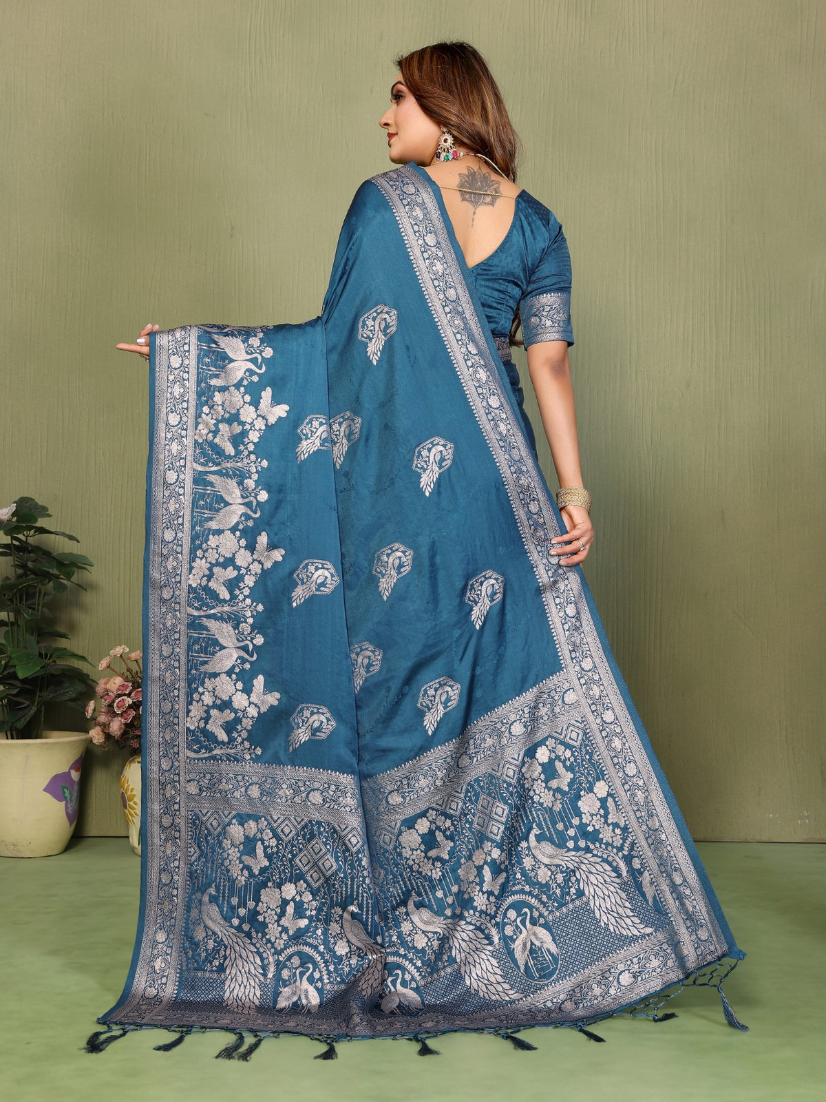 Teal Blue Satin Silk Saree With Elegant Zari Weaving Butta