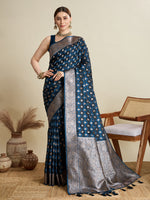 Teal Blue Satin Silk Woven Jari Designer Graceful Ethnic Saree