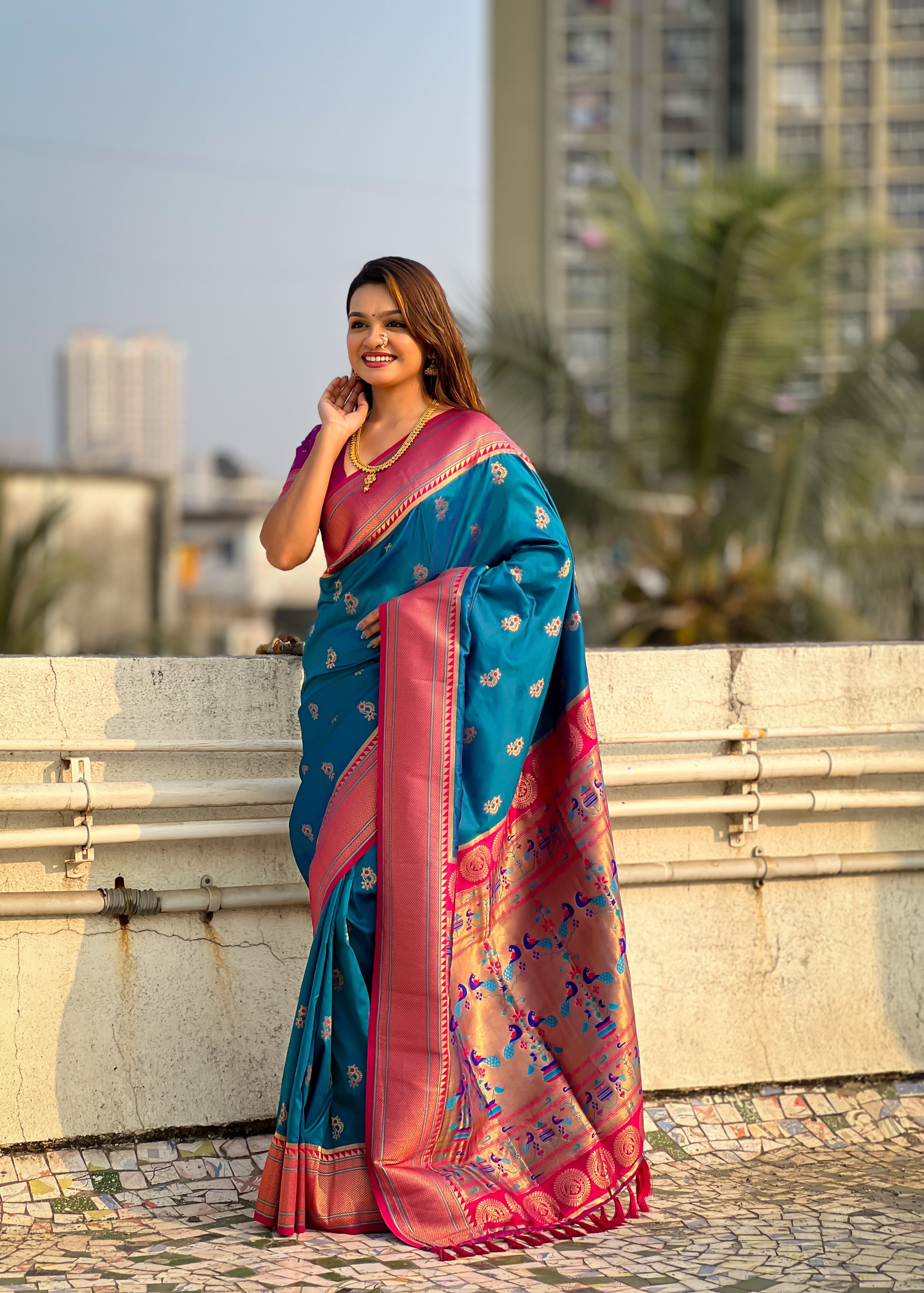 Teal Blue Silk Blend Paithani Saree With Woven Work