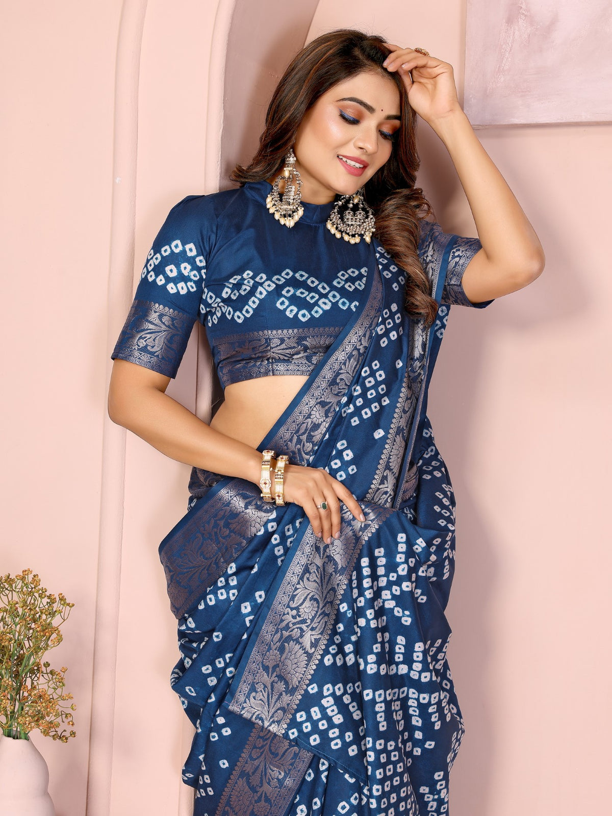Teal Blue Silk Saree With Bandhej And Traditional Zari Weaving