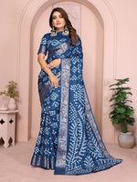 Teal Blue Silk Saree With Bandhej And Traditional Zari Weaving