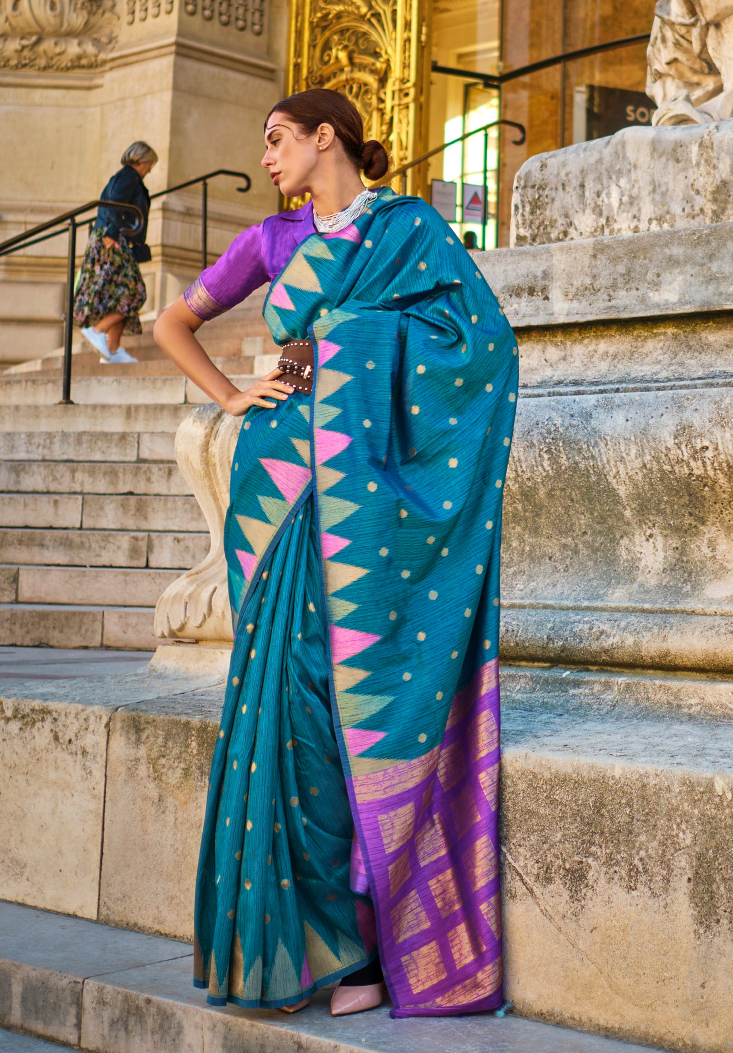 Teal Blue Silk Saree With Jacquard Woven