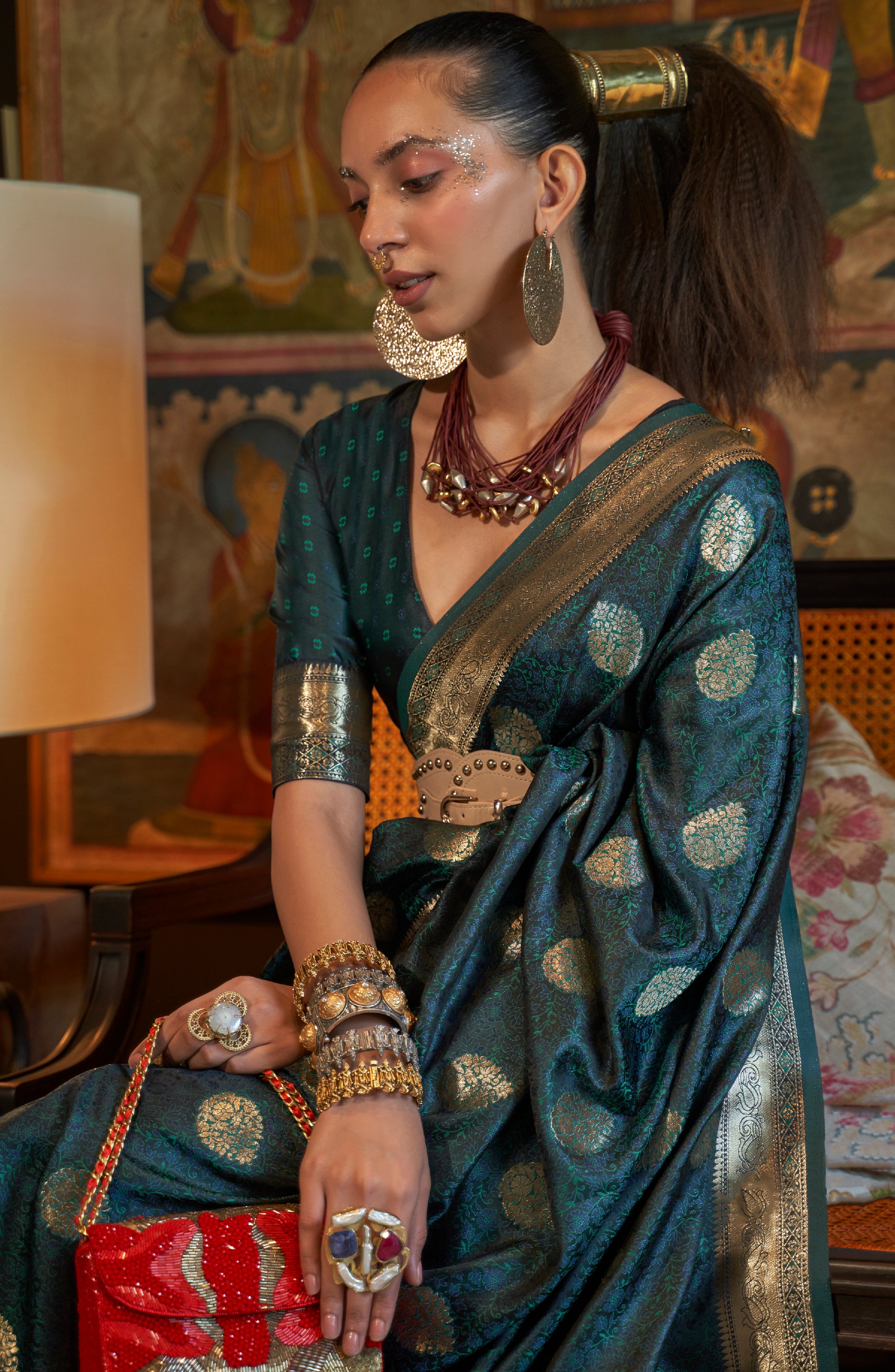 Teal Blue Silk Saree with  Jacquard Woven Work
