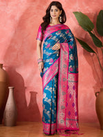 Teal Blue Silk Woven Designer Partywear Ethnic Silk Saree