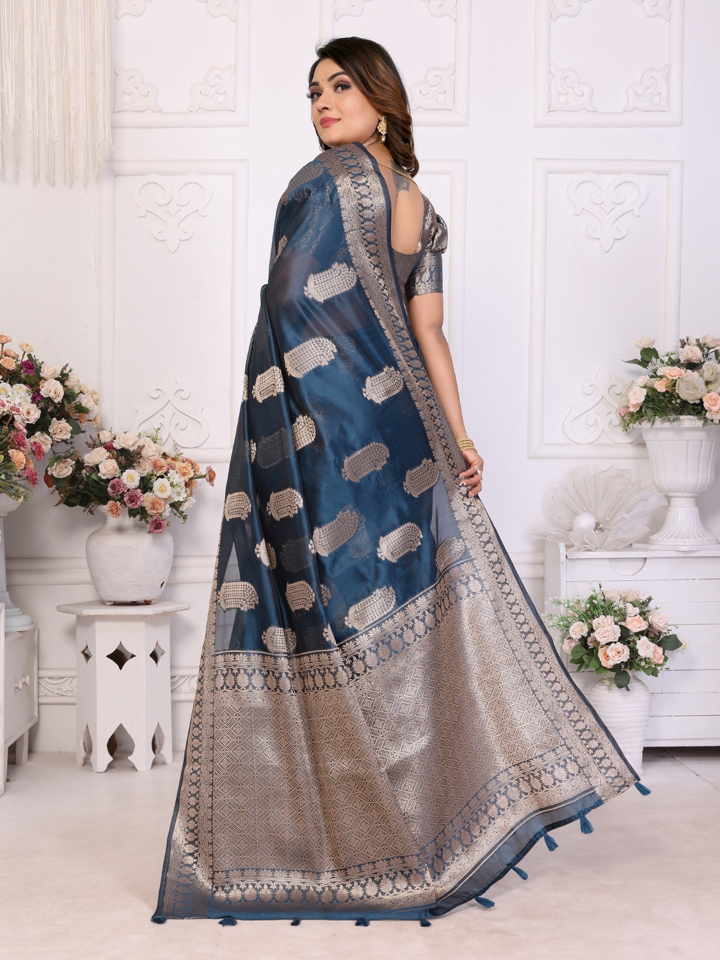 Teal Blue Soft Organza Silk Saree With Elegant Weaving