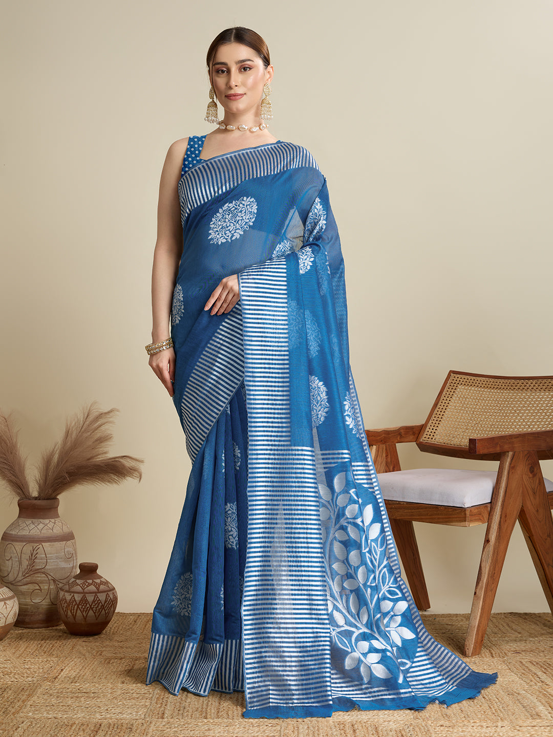 Teal Blue Soft Silk Woven Flower Designer Stylish Partywear Saree