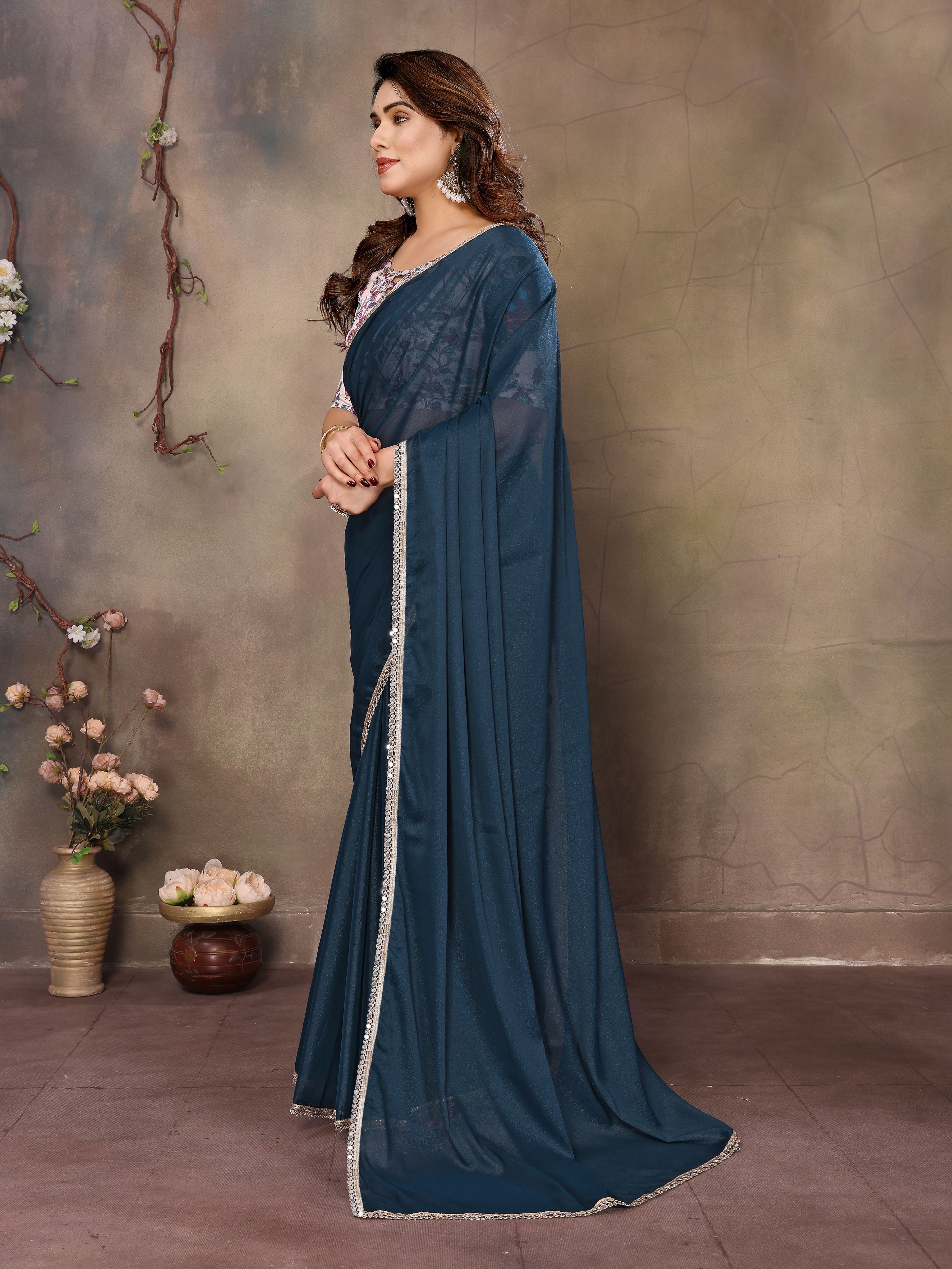 Teal Blue Solid Fancy Ethnic Saree For Ceremonial Girlie Looks