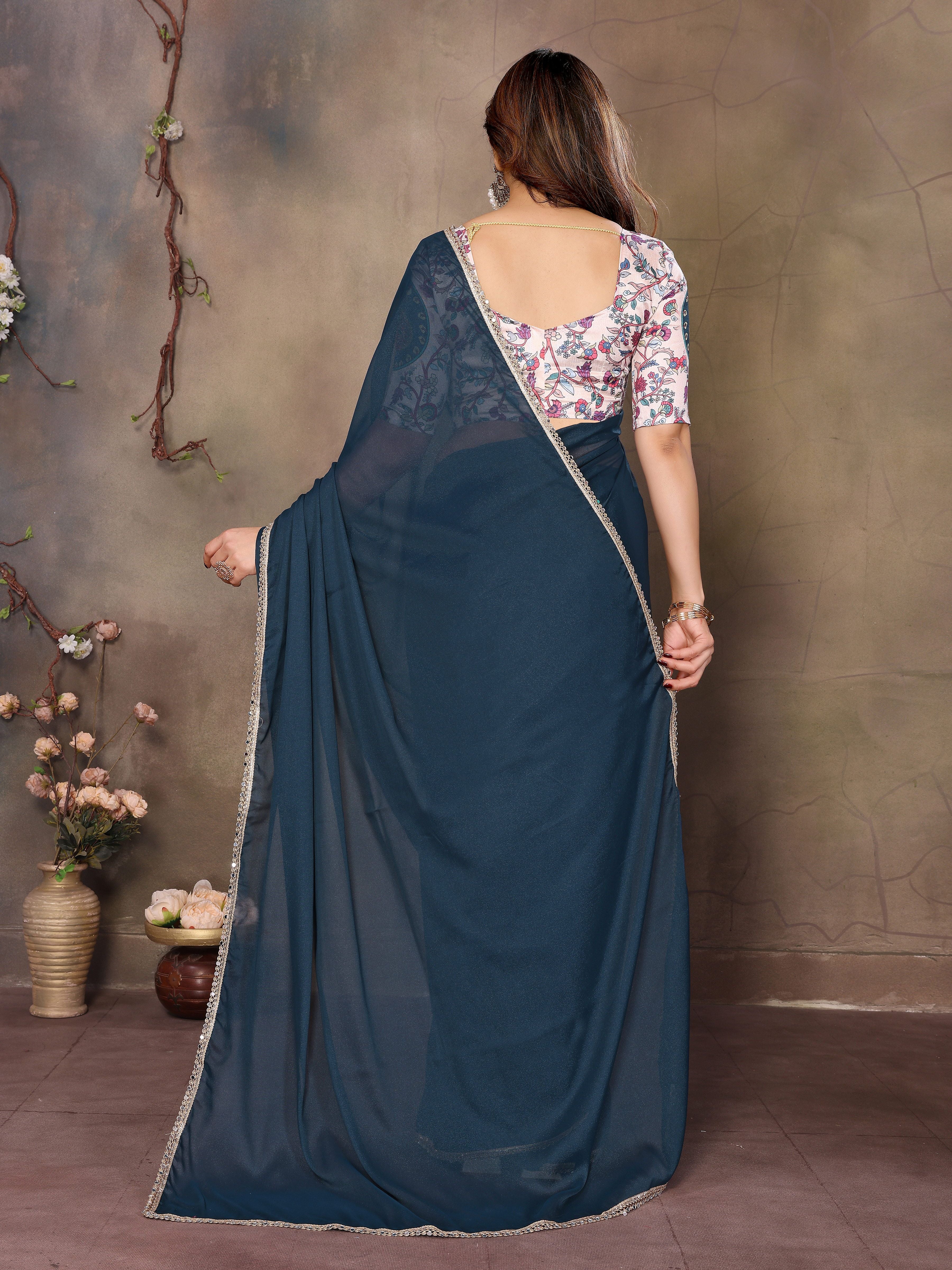 Teal Blue Solid Fancy Ethnic Saree For Ceremonial Girlie Looks
