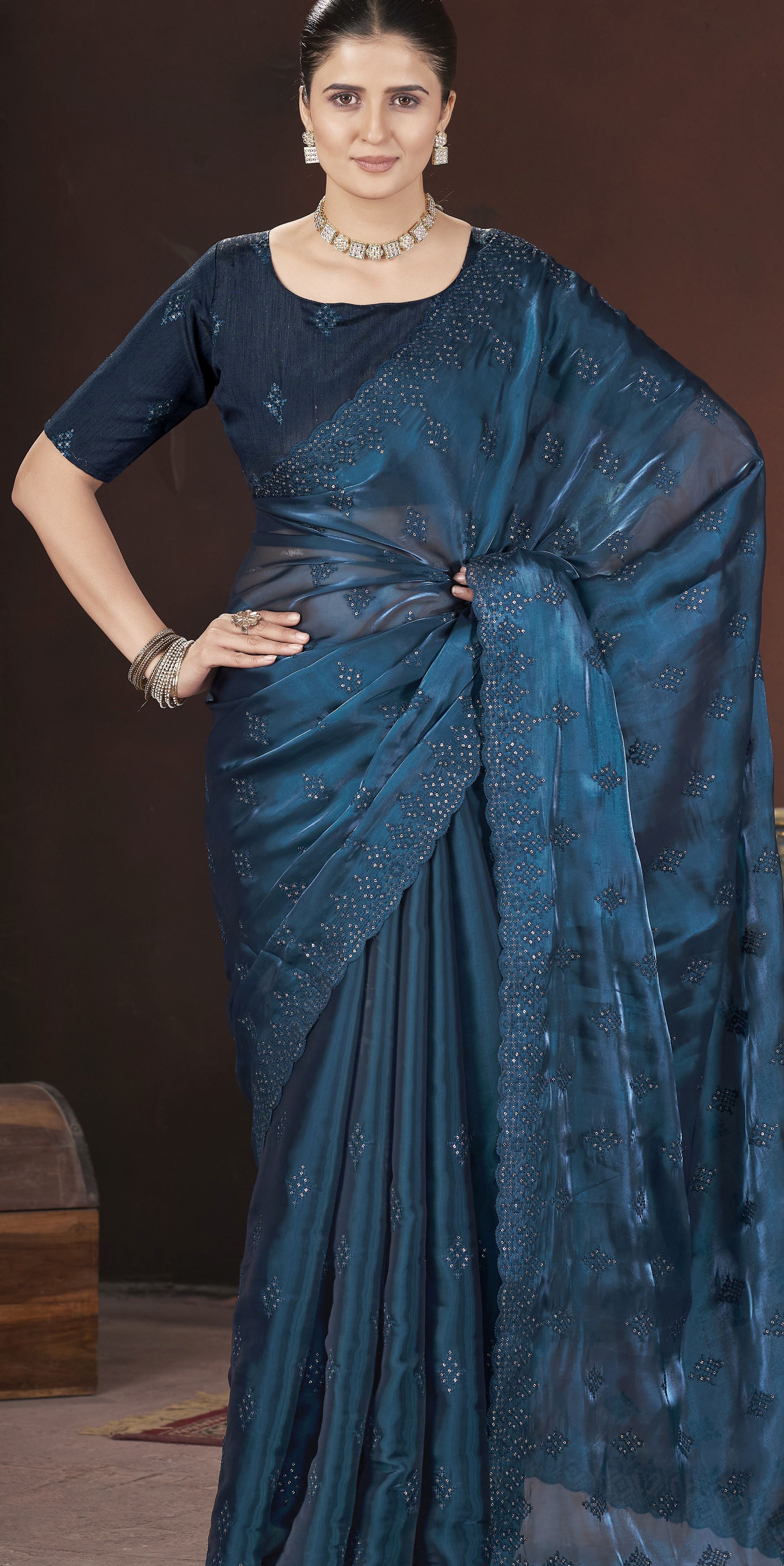 Teal Blue Stylish Jimmy Choo Ethnic Sequins Embroidered Saree
